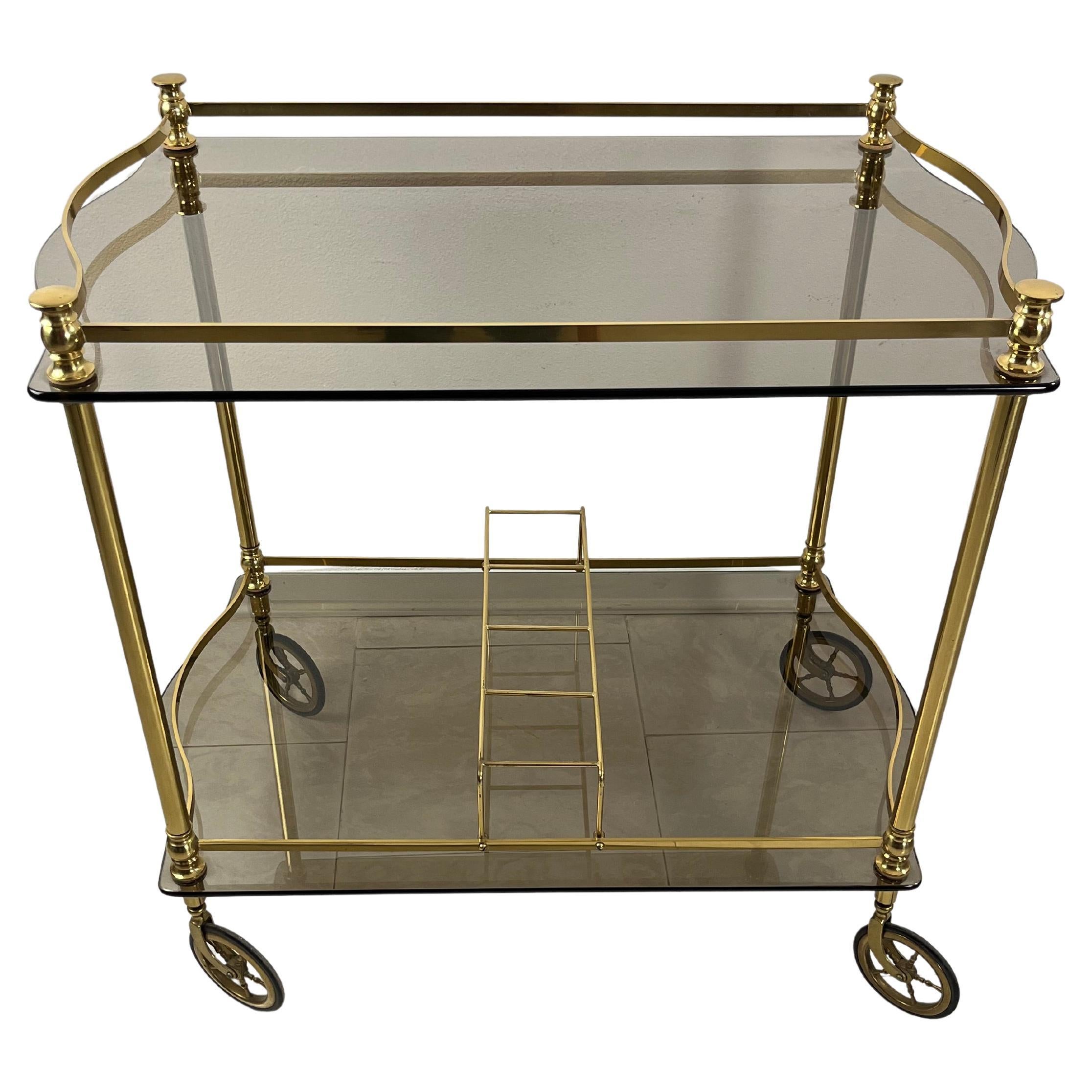 Italian Bar Cart In Brass And Smoked Glass Tops In Hollywood Regency Style 1960s
