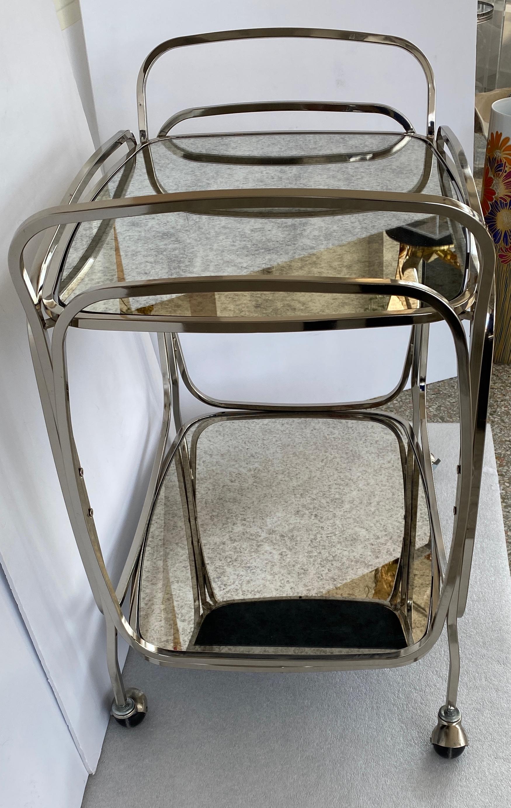 Patinated Italian Bar Cart in Chrome and Antiqued Mirror