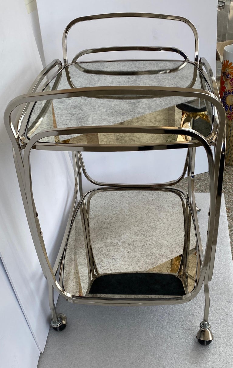 Italian Bar Cart in Chrome and Antiqued Mirror For Sale at 1stDibs