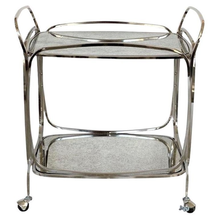 Italian Bar Cart in Chrome and Antiqued Mirror For Sale at 1stDibs