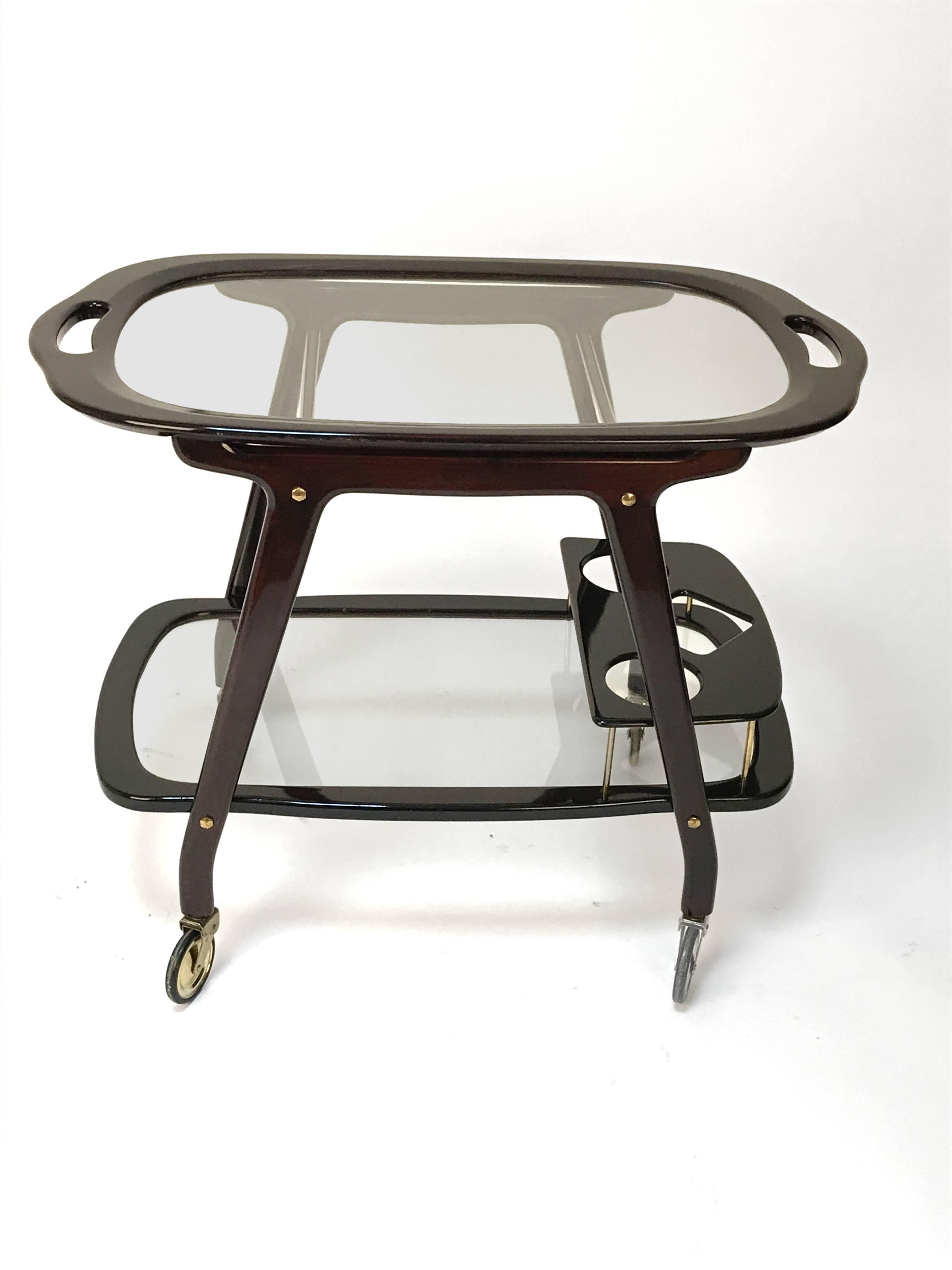 Mid-Century Modern Italian Bar Cart Wood by Cesare Lacca, Servin Tray, Midcentury, 1950s For Sale