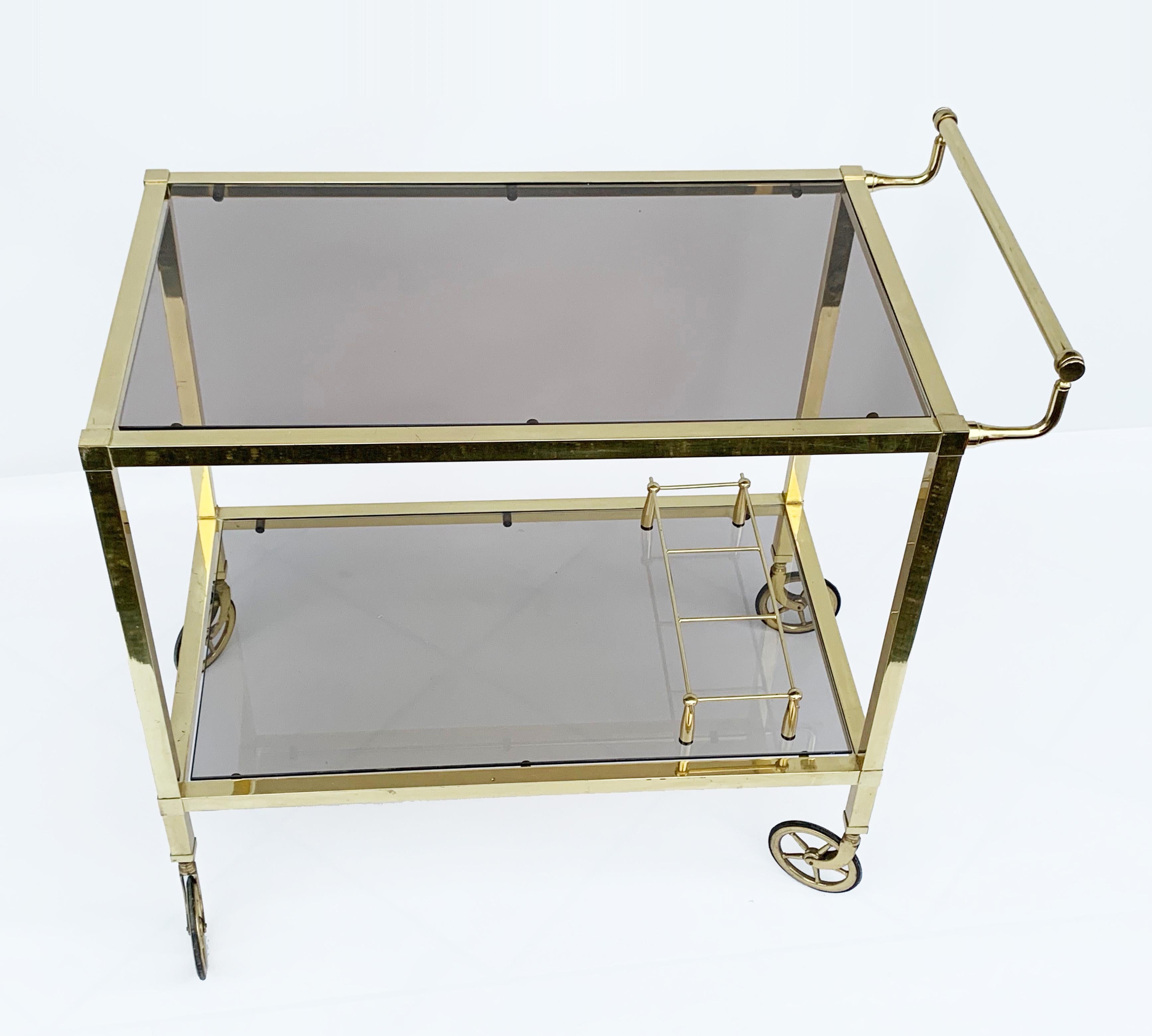 Mid-Century Modern Italian Bar Cart on Two Levels and Smoked Glass, Italy 1970s, Gold-Plated Brass For Sale