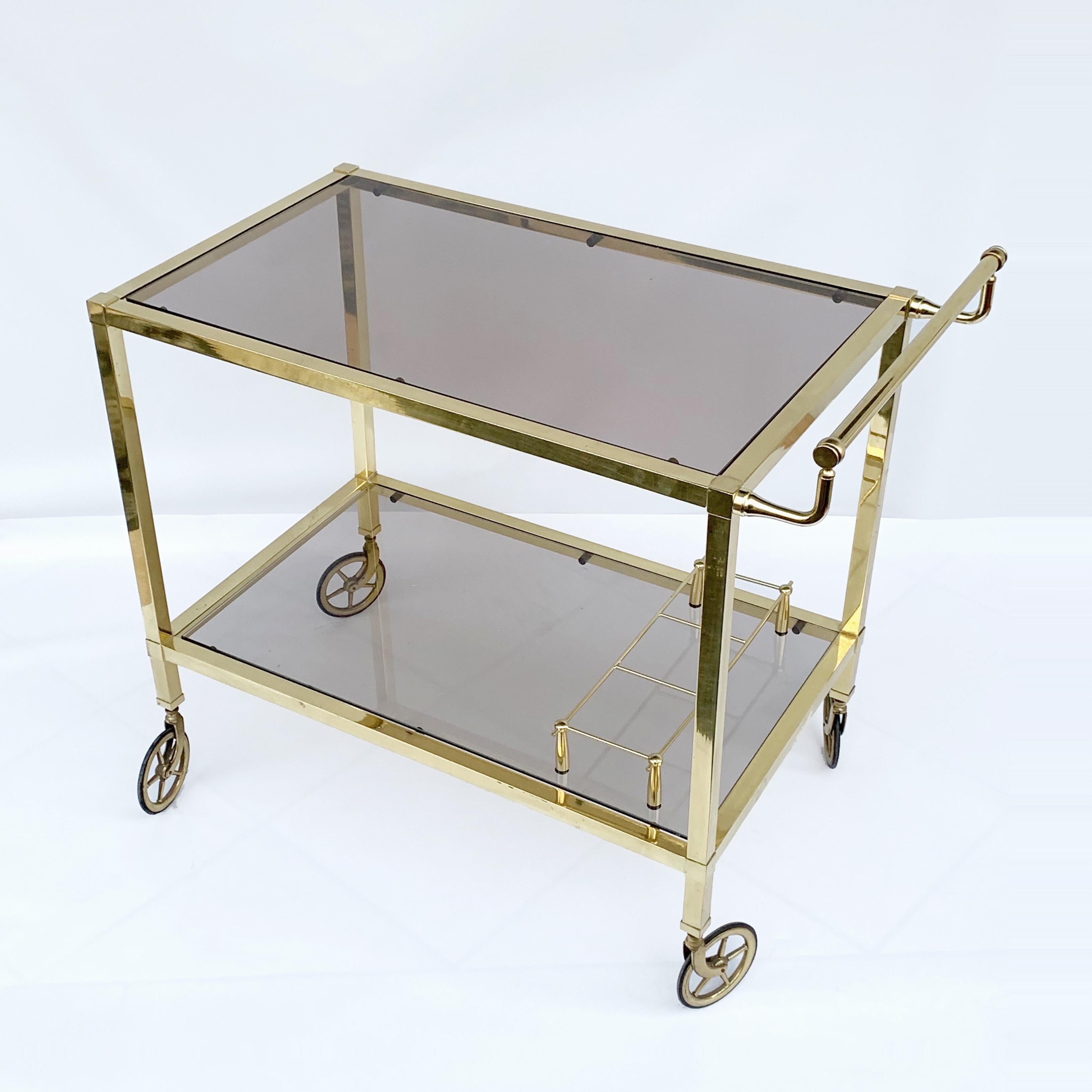 Italian Bar Cart on Two Levels and Smoked Glass, Italy 1970s, Gold-Plated Brass In Fair Condition For Sale In Roma, IT