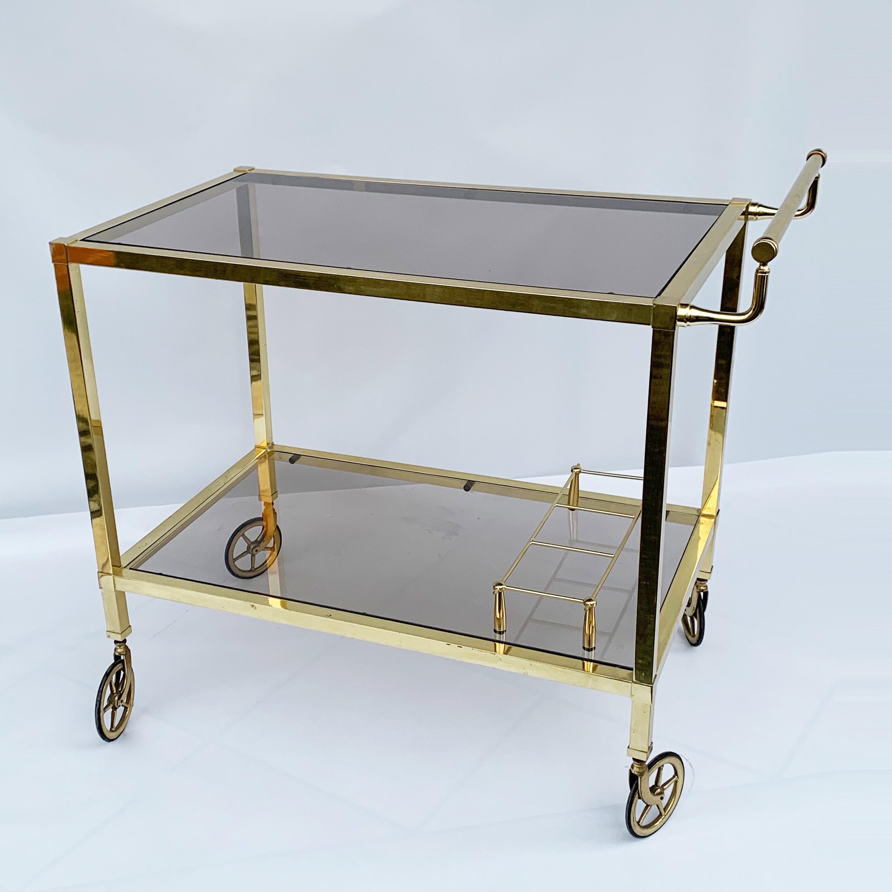 20th Century Italian Bar Cart on Two Levels and Smoked Glass, Italy 1970s, Gold-Plated Brass For Sale