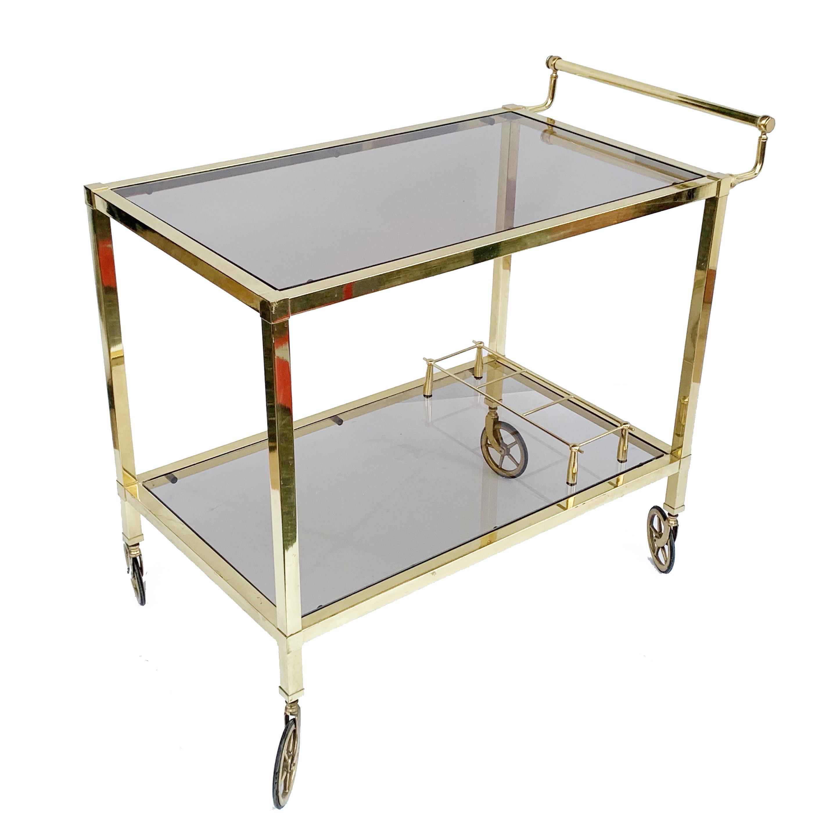 Italian Bar Cart on Two Levels and Smoked Glass, Italy 1970s, Gold-Plated Brass