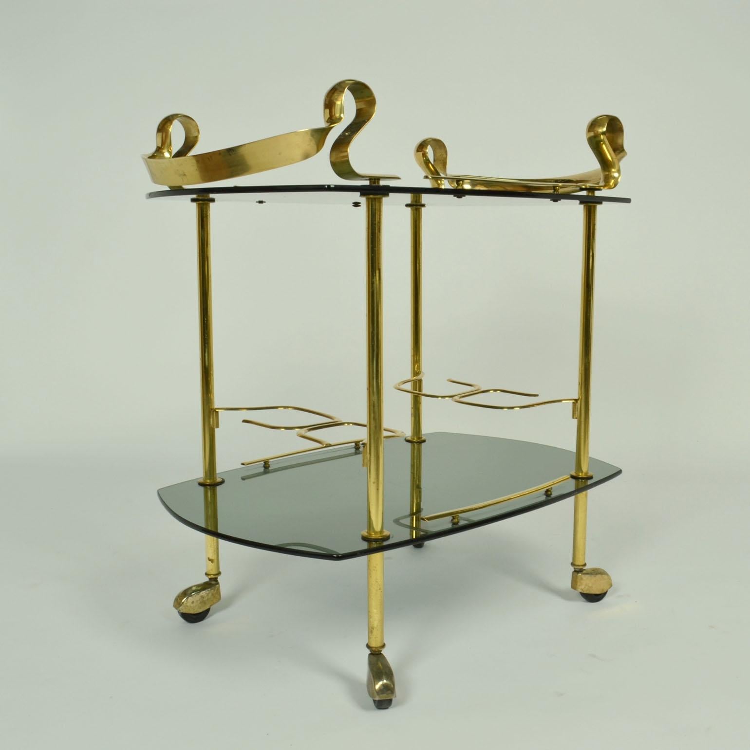 Italian Bar Cart or Cocktail Trolley in Brass and Smoked Glass In Excellent Condition For Sale In London, GB