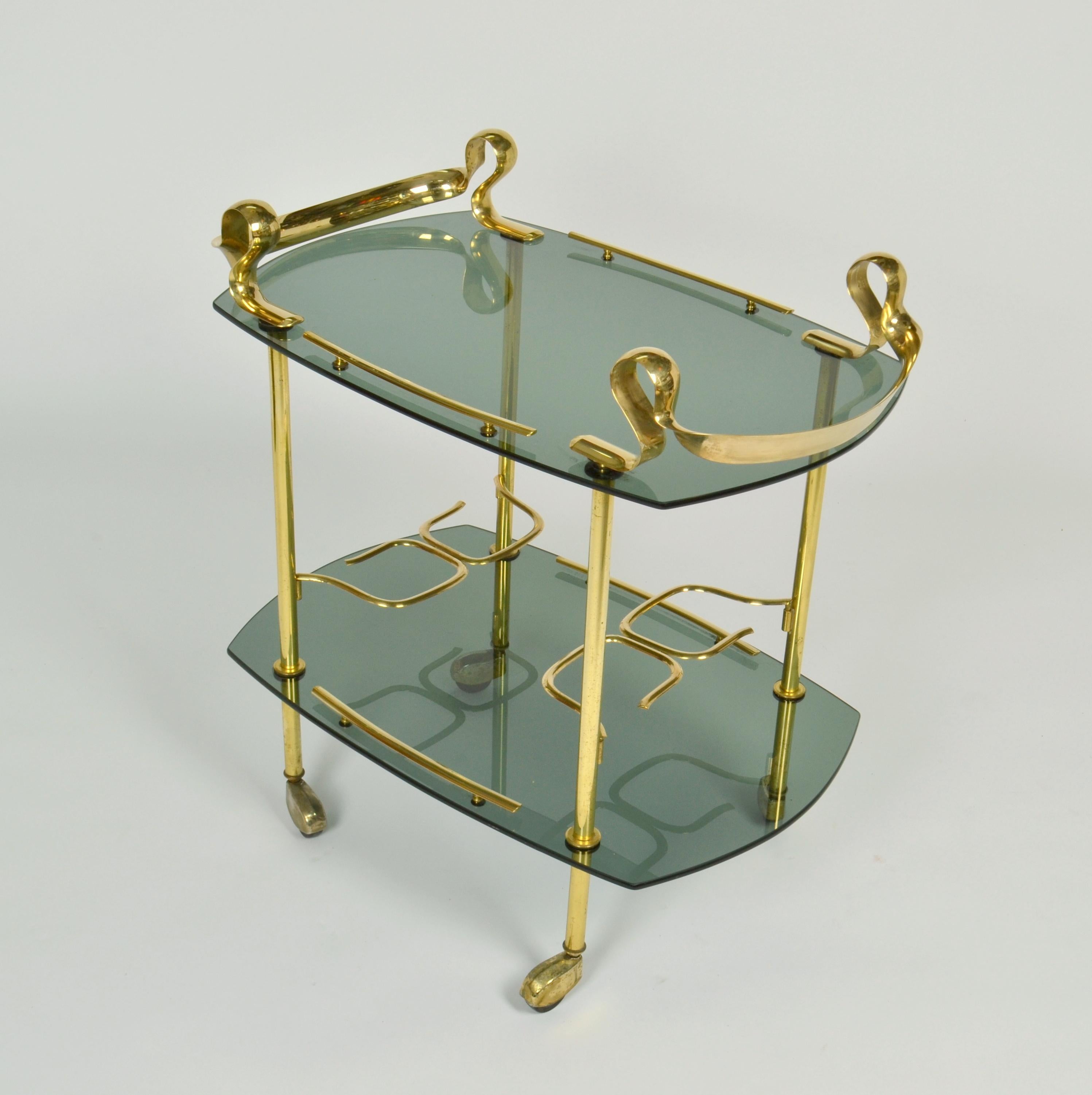 Italian Bar Cart or Cocktail Trolley in Brass and Smoked Glass For Sale 1