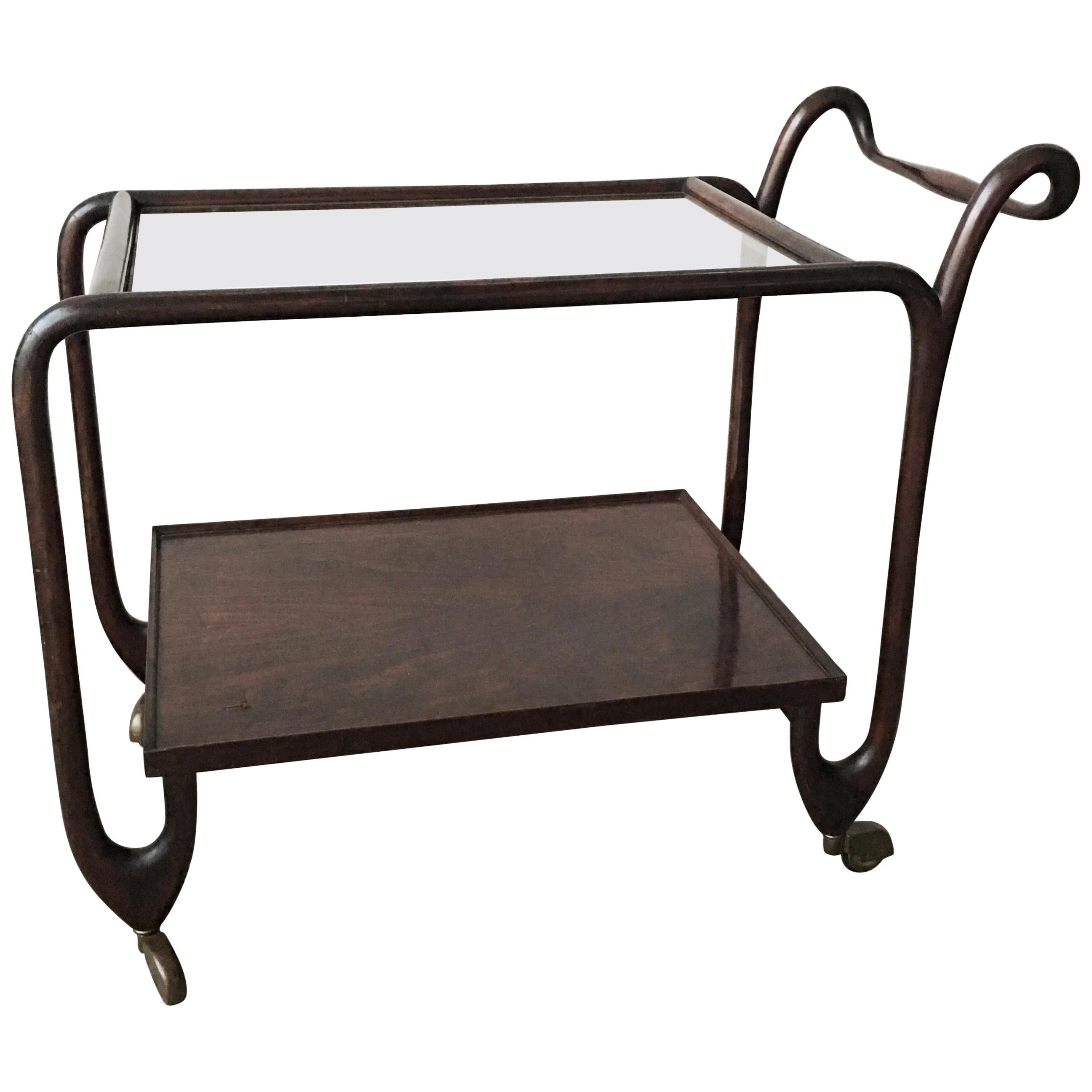 Italian Bar Cart or Trolley with Curved Mahogany and Clear Glass on Top, 1940s For Sale