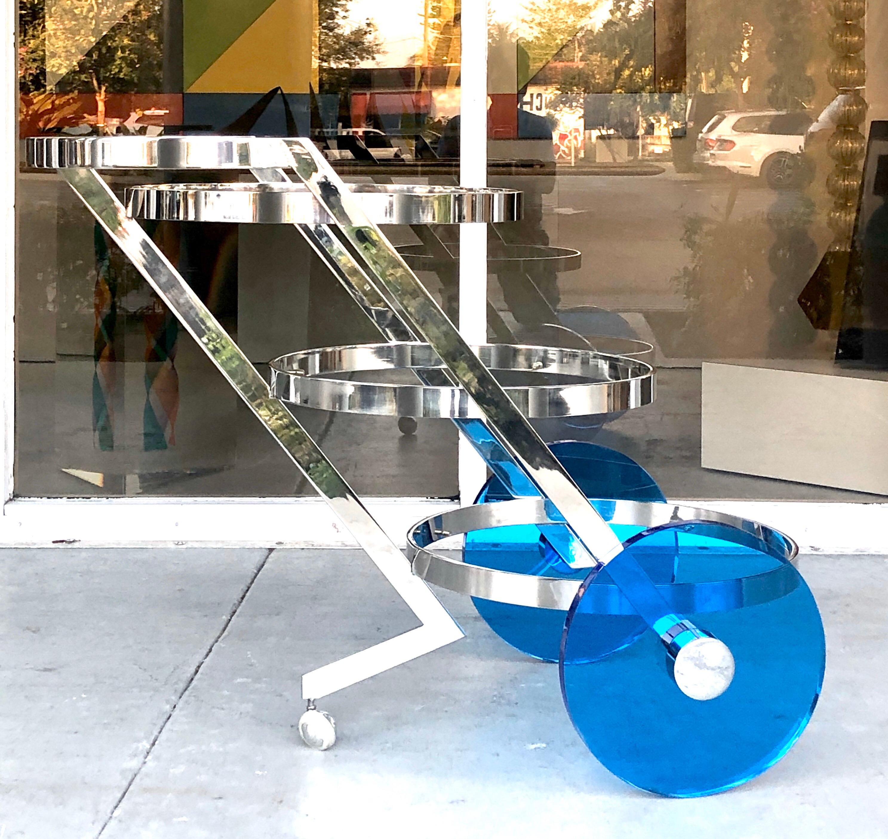 Italian Bar Cart Stainless Steel with Blue Lucite Wheels, 1970s In Good Condition In Miami, FL