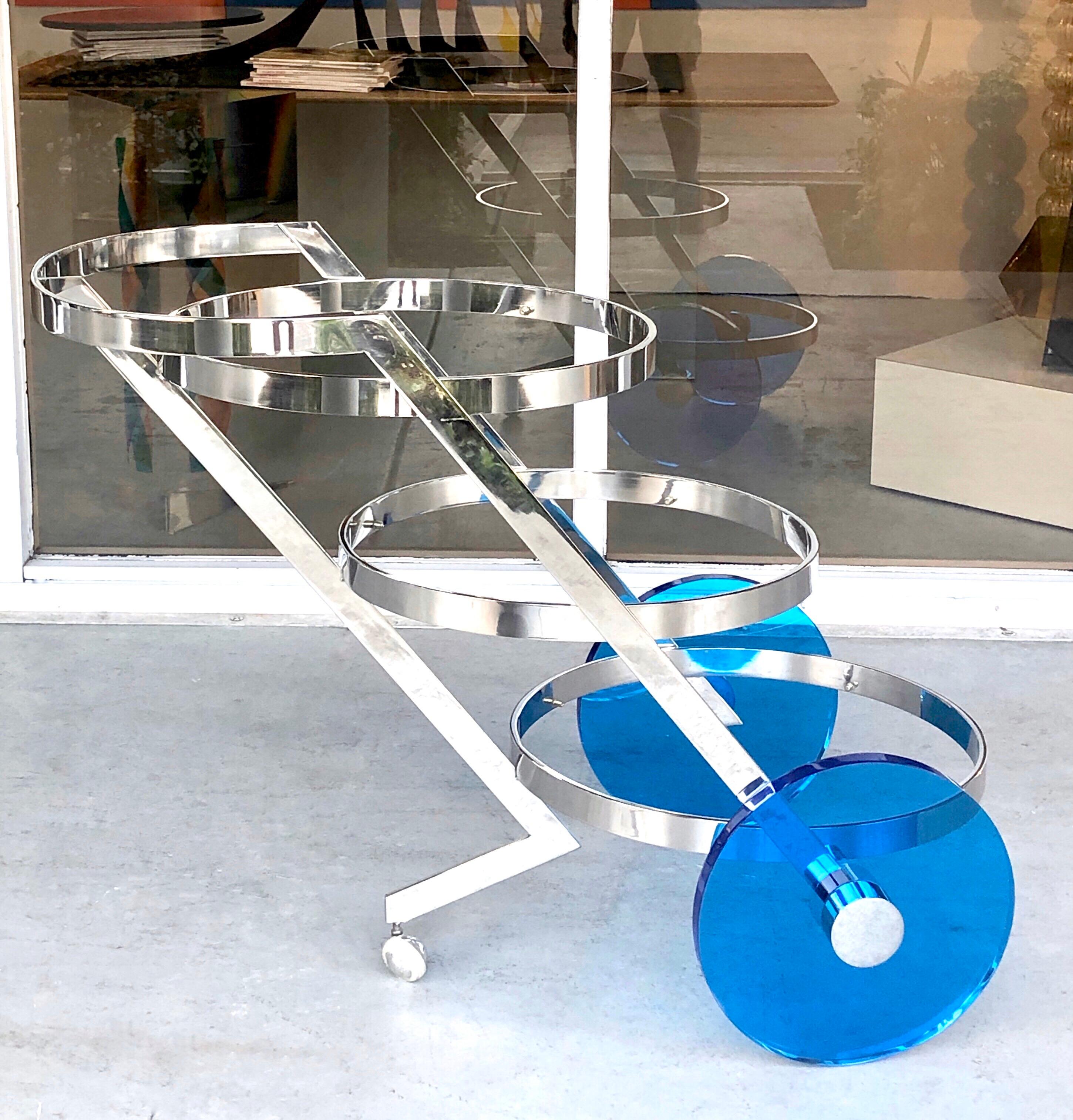 Italian Bar Cart Stainless Steel with Blue Lucite Wheels, 1970s 4