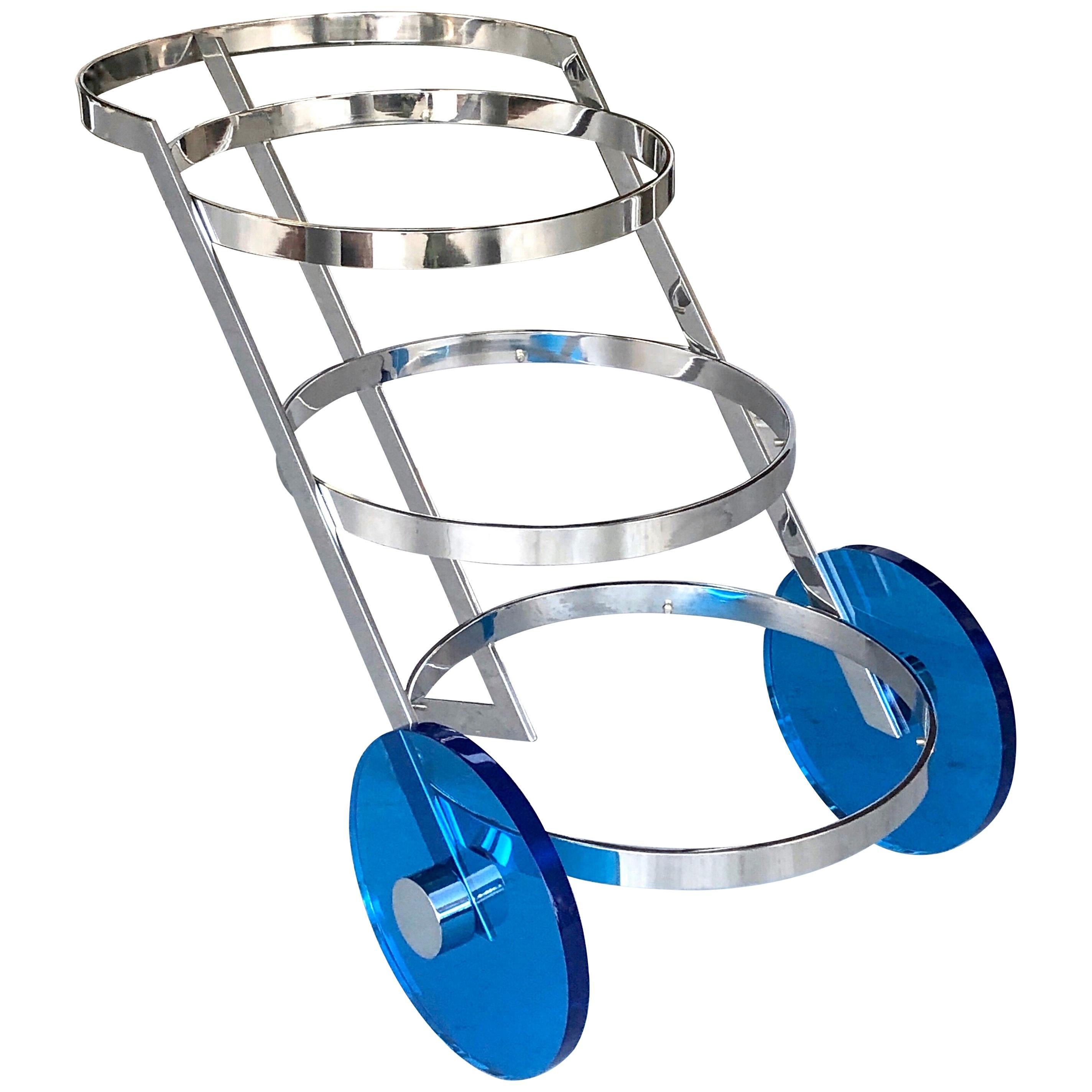 Italian Bar Cart Stainless Steel with Blue Lucite Wheels, 1970s