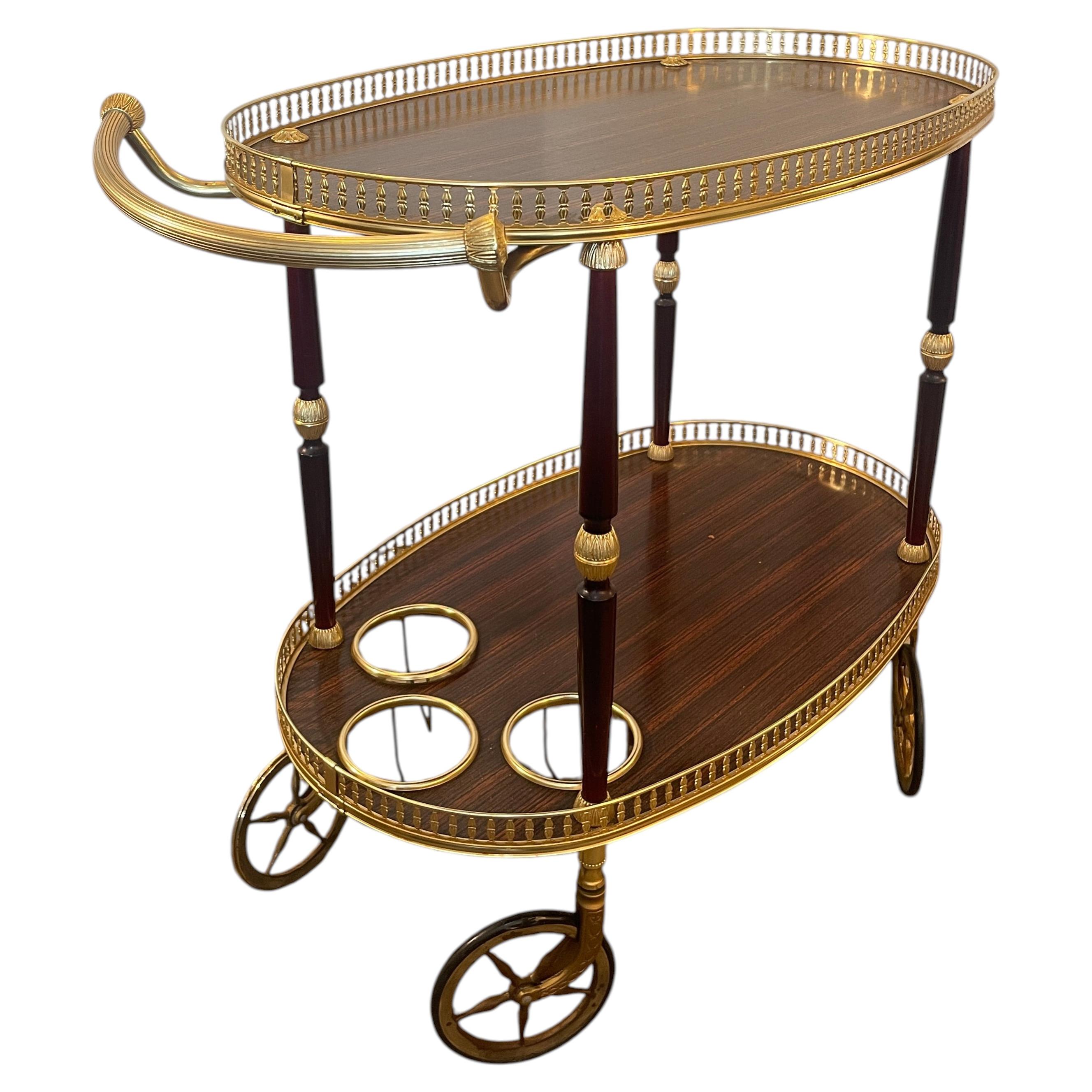 Carrello da bar italiano Galleria d'ottone e impiallacciatura Metà secolo