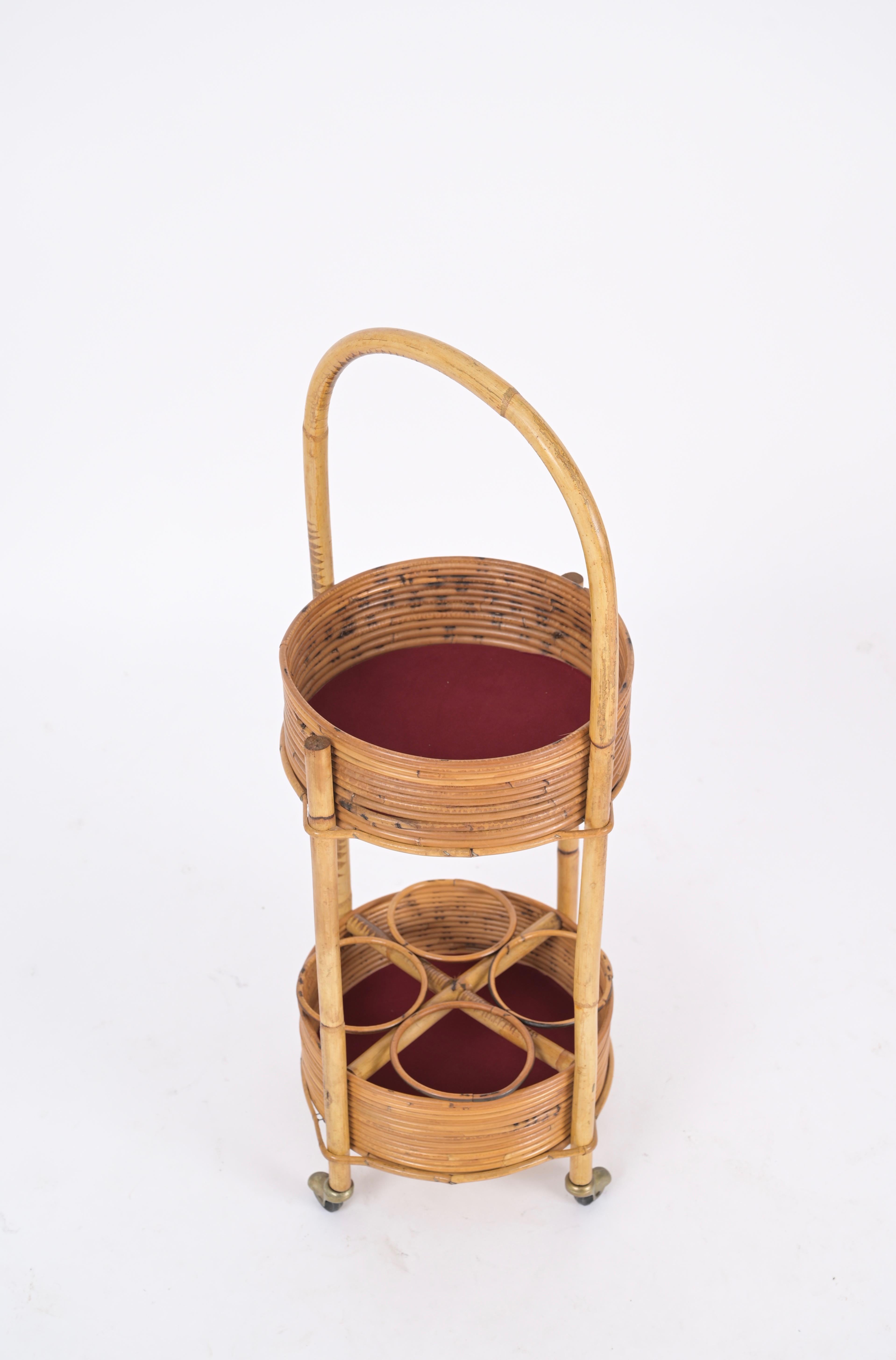 Italian Bar Cart Trolley in Bamboo, Rattan and Red Velvet, Italy 1960s For Sale 4
