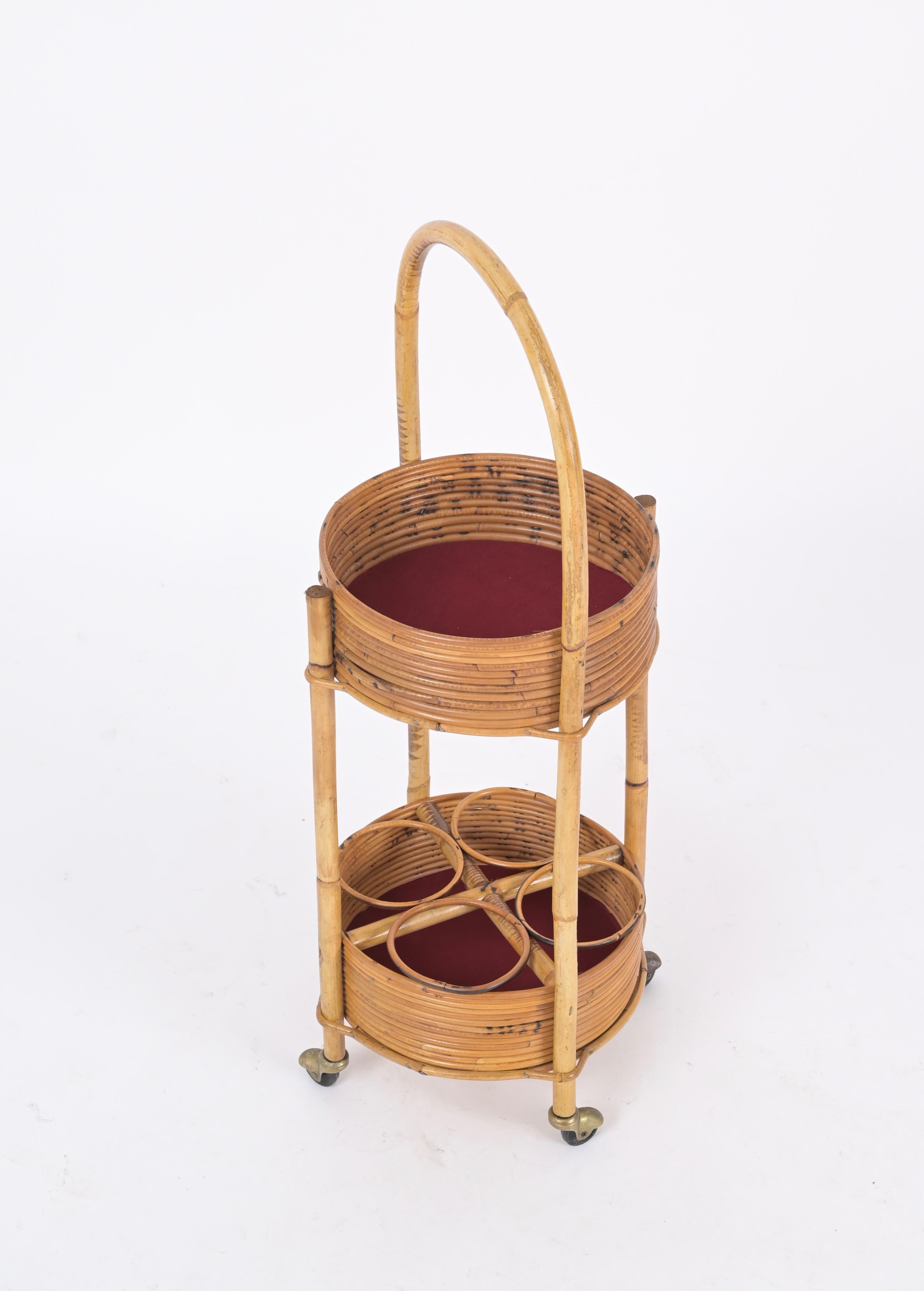 Italian Bar Cart Trolley in Bamboo, Rattan and Red Velvet, Italy 1960s For Sale 6