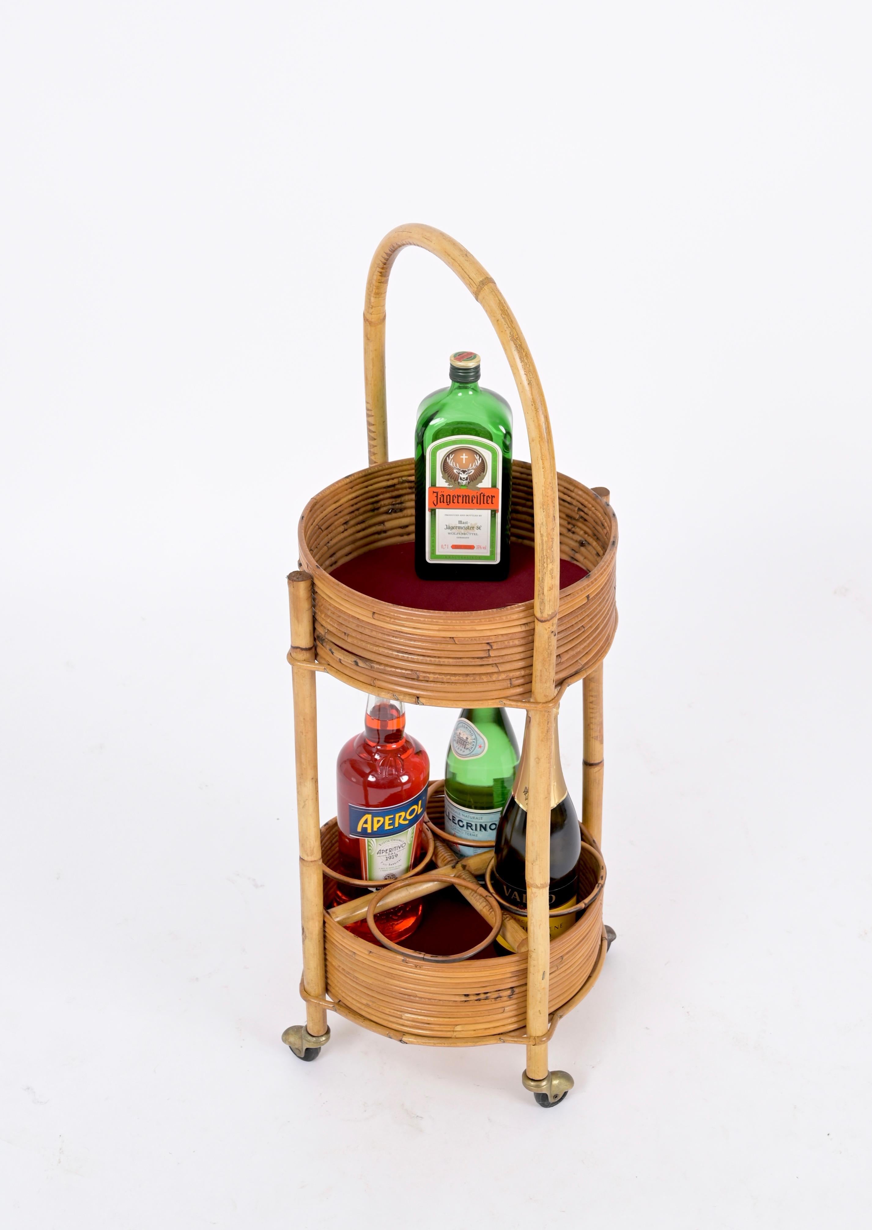 Italian Bar Cart Trolley in Bamboo, Rattan and Red Velvet, Italy 1960s For Sale 7