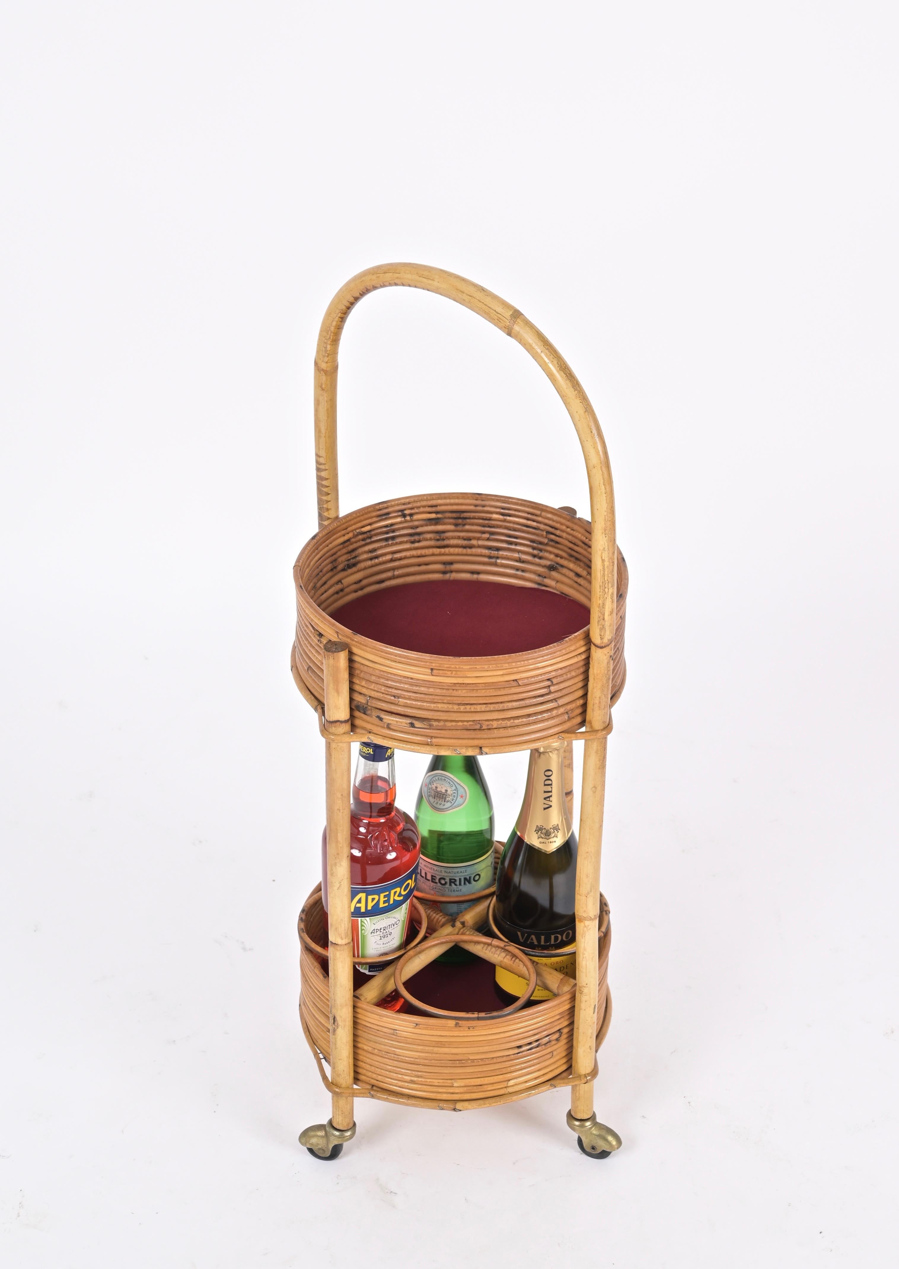 Mid-Century Modern Italian Bar Cart Trolley in Bamboo, Rattan and Red Velvet, Italy 1960s For Sale
