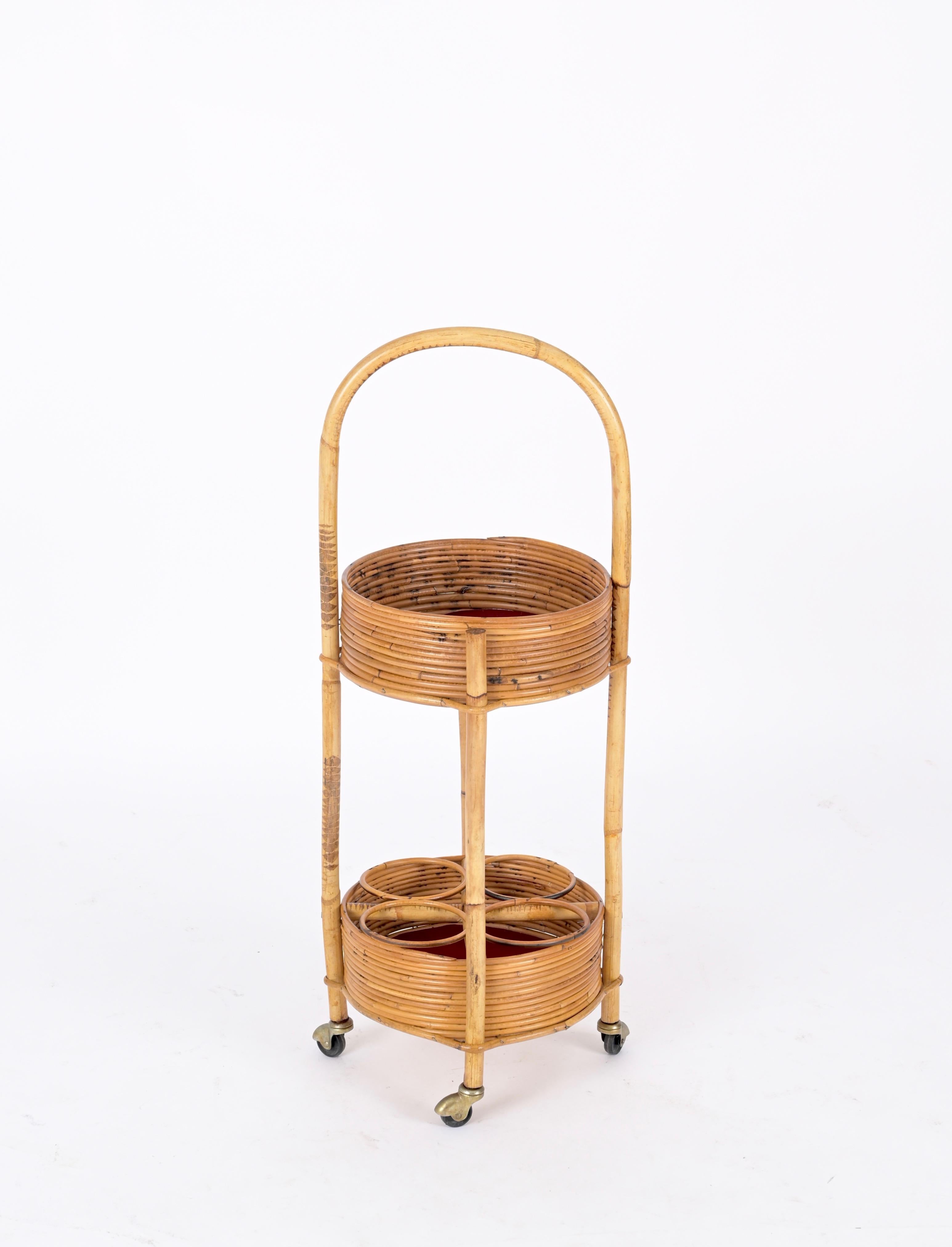 Hand-Crafted Italian Bar Cart Trolley in Bamboo, Rattan and Red Velvet, Italy 1960s For Sale