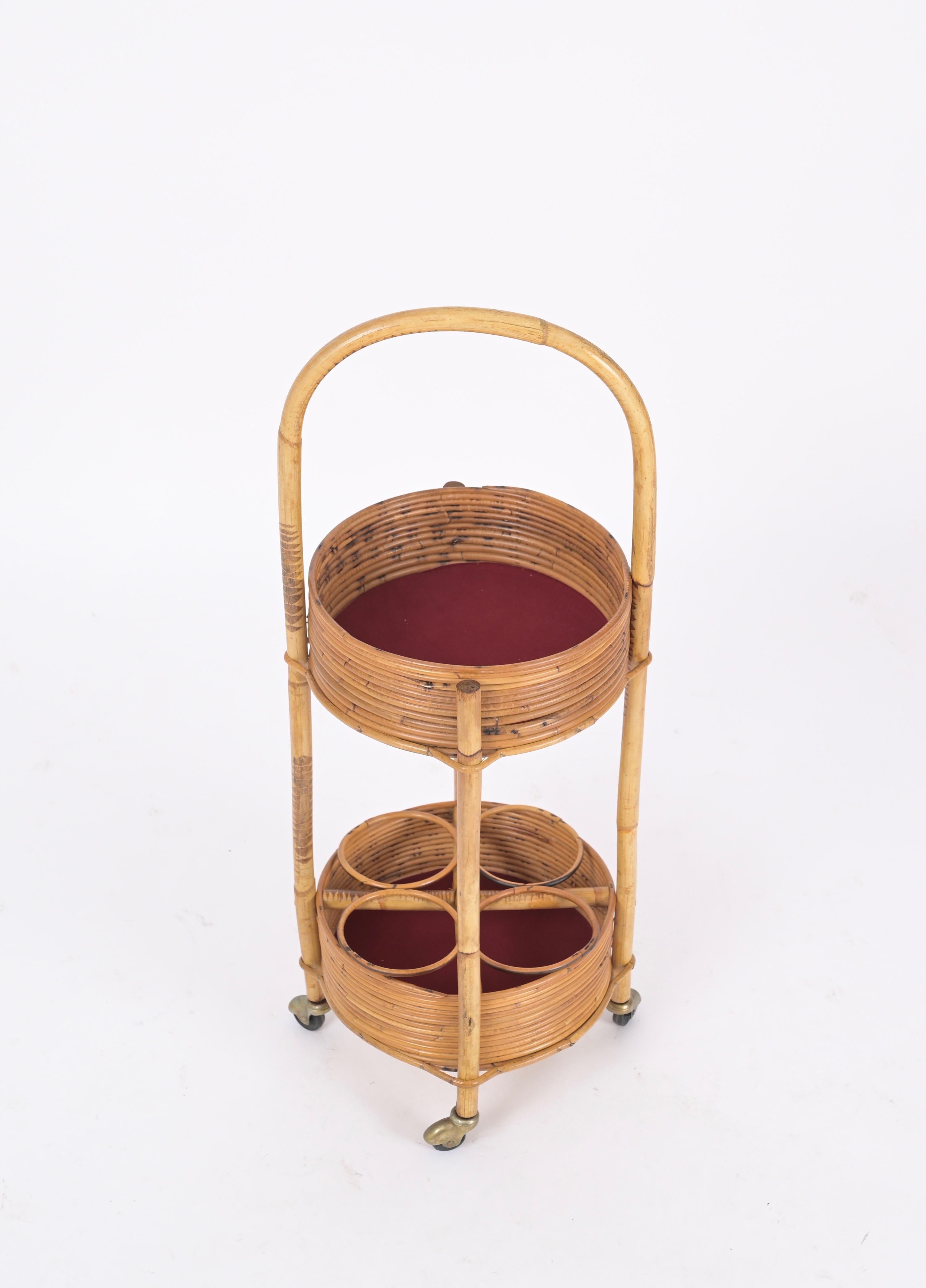 Mid-20th Century Italian Bar Cart Trolley in Bamboo, Rattan and Red Velvet, Italy 1960s For Sale