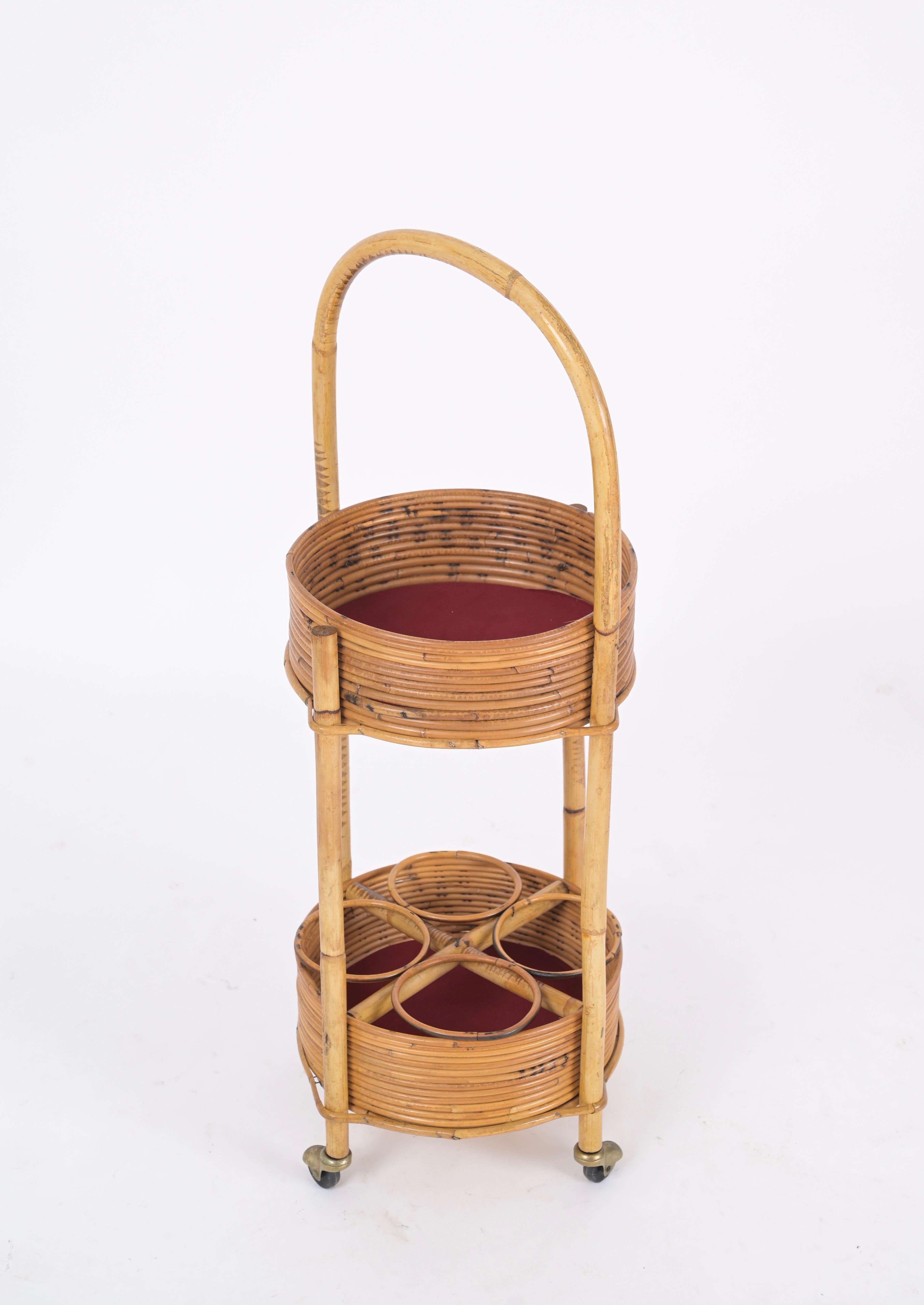 Italian Bar Cart Trolley in Bamboo, Rattan and Red Velvet, Italy 1960s For Sale 2