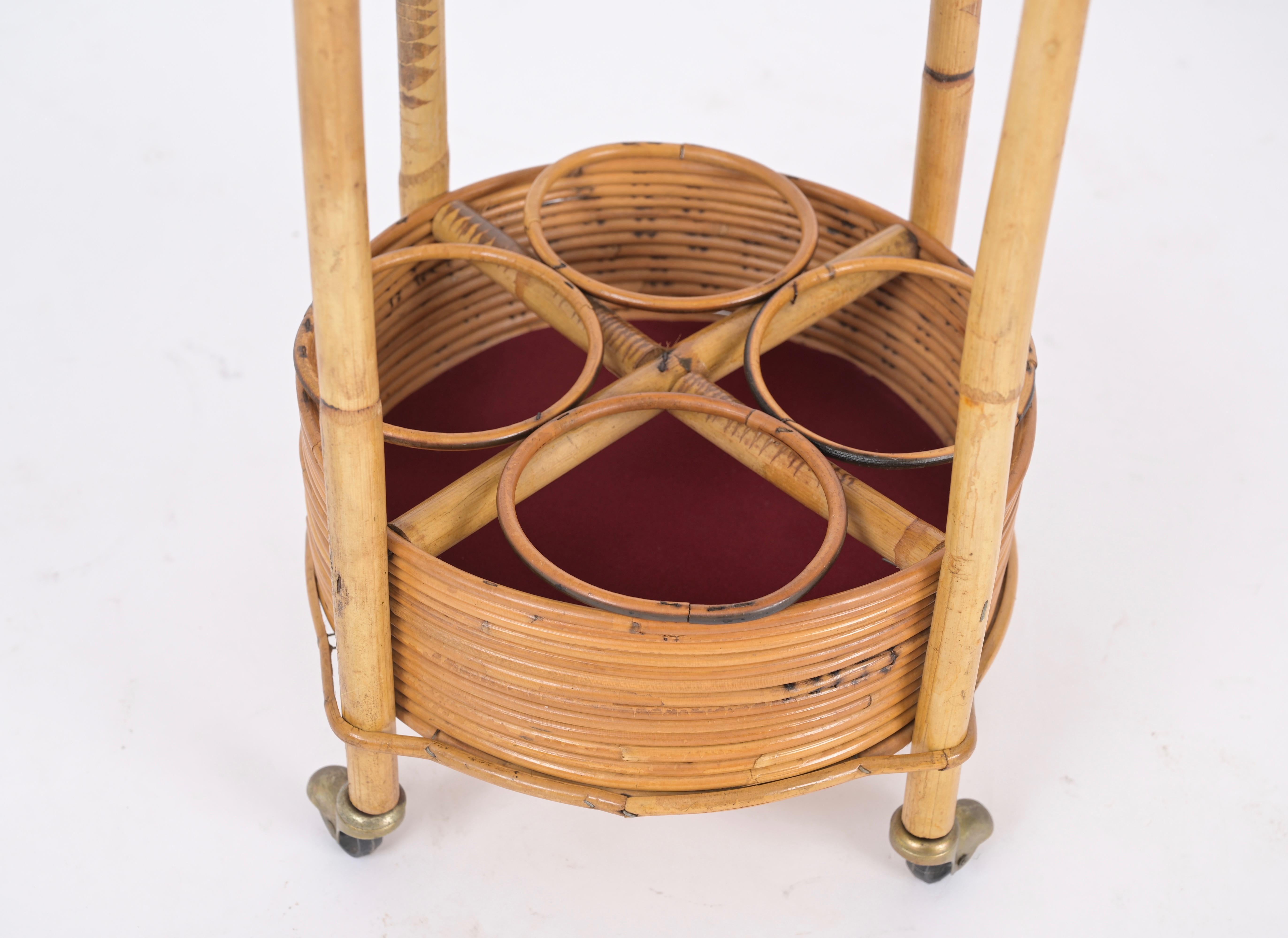 Italian Bar Cart Trolley in Bamboo, Rattan and Red Velvet, Italy 1960s For Sale 3