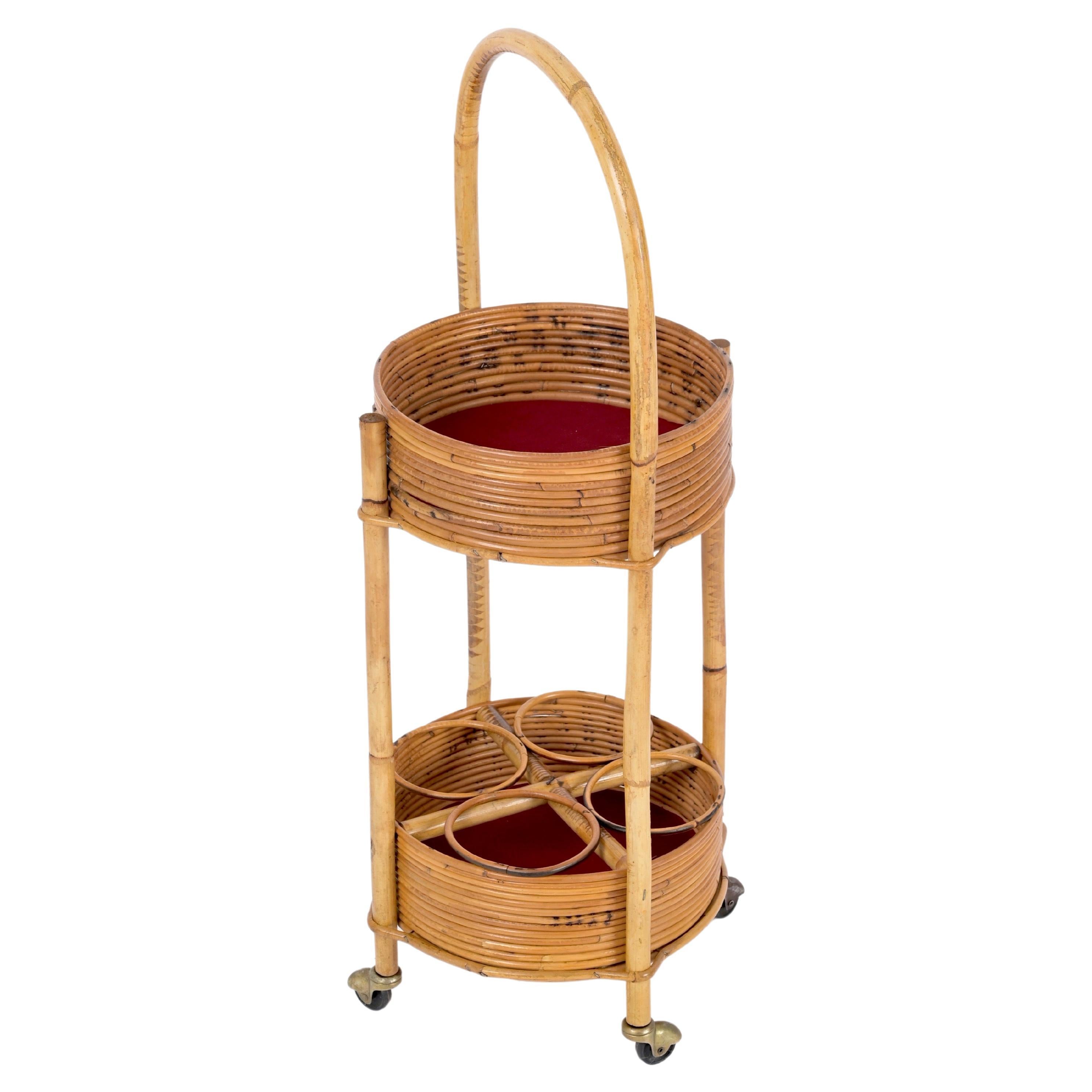 Italian Bar Cart Trolley in Bamboo, Rattan and Red Velvet, Italy 1960s
