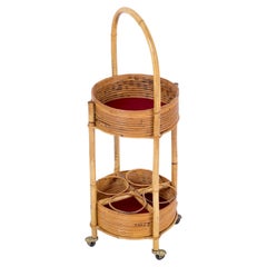 Vintage Italian Bar Cart Trolley in Bamboo, Rattan and Red Velvet, Italy 1960s