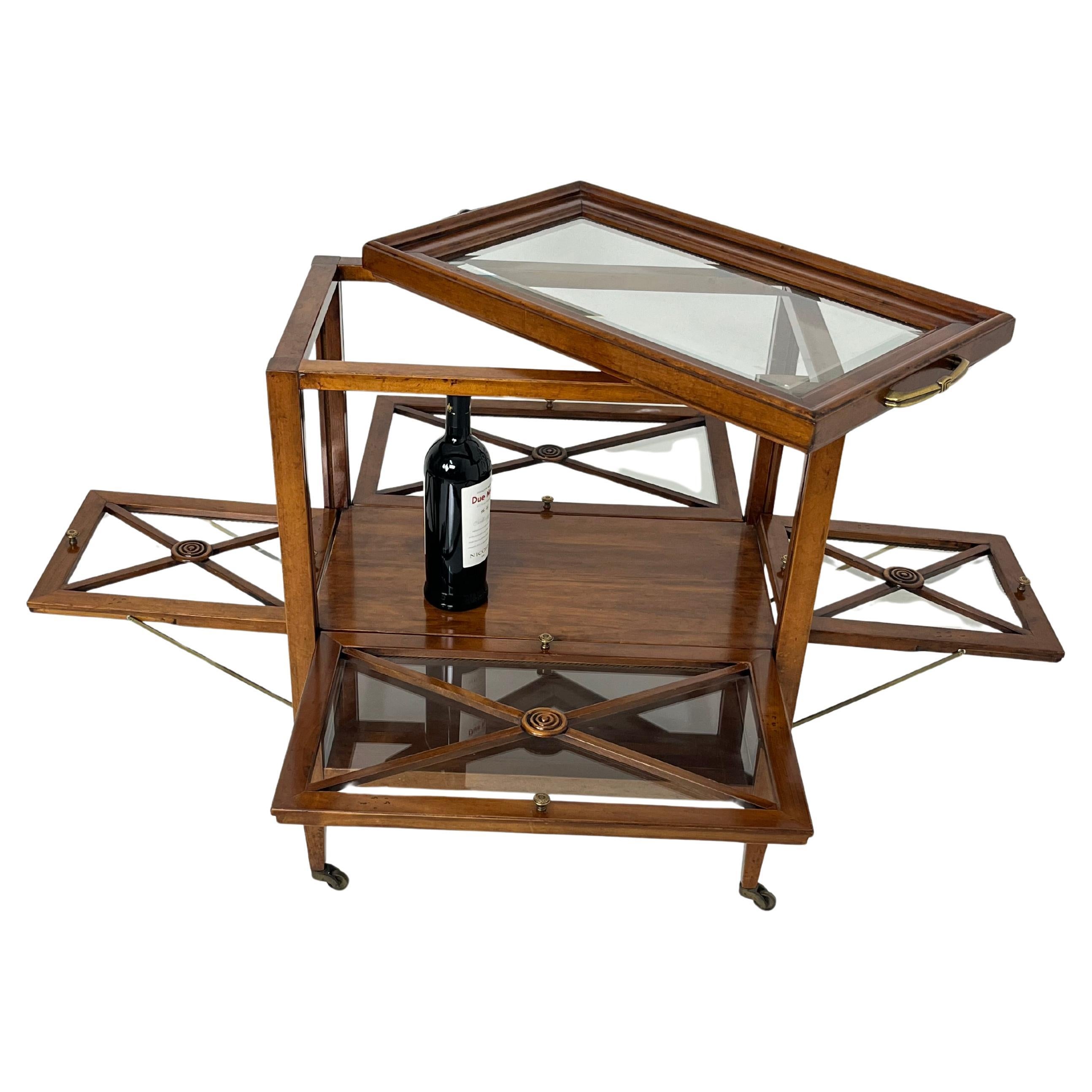 Italian Bar Cart with folding sides and removable tray, brass handles, 1980s For Sale