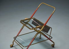 Italian Bar Cart with Removable Tray, Brass & Lacquered Wood