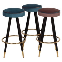 1950s Style Italian Bar Stool with Turquoise Velvet and Brass Accents