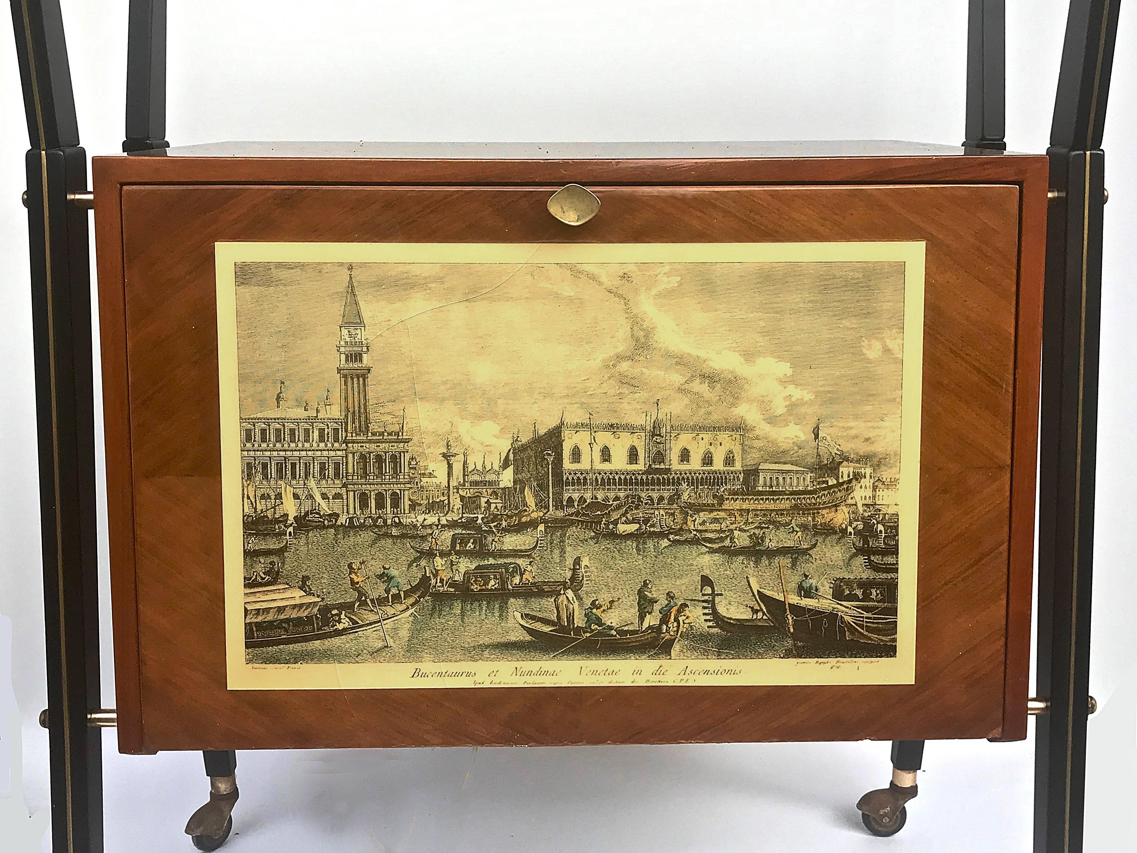 Italian Bar or Cart in Walnut, Venice Print and Light, Italy, 1950s Signed Sarti For Sale 7
