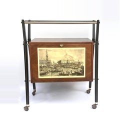 Italian Bar or Cart in Walnut, Venice Print and Light, Italy, 1950s Signed Sarti