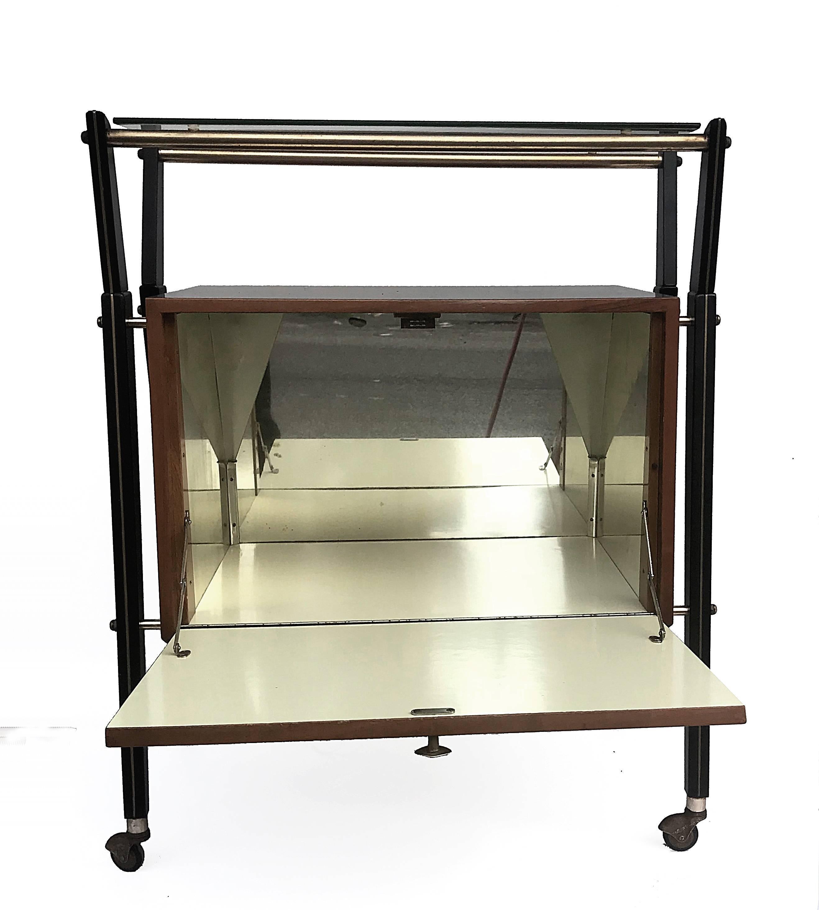 Mid-Century Modern Italian Bar or Cart in Walnut, Venice Print and Light, Italy, 1950s Signed Sarti For Sale