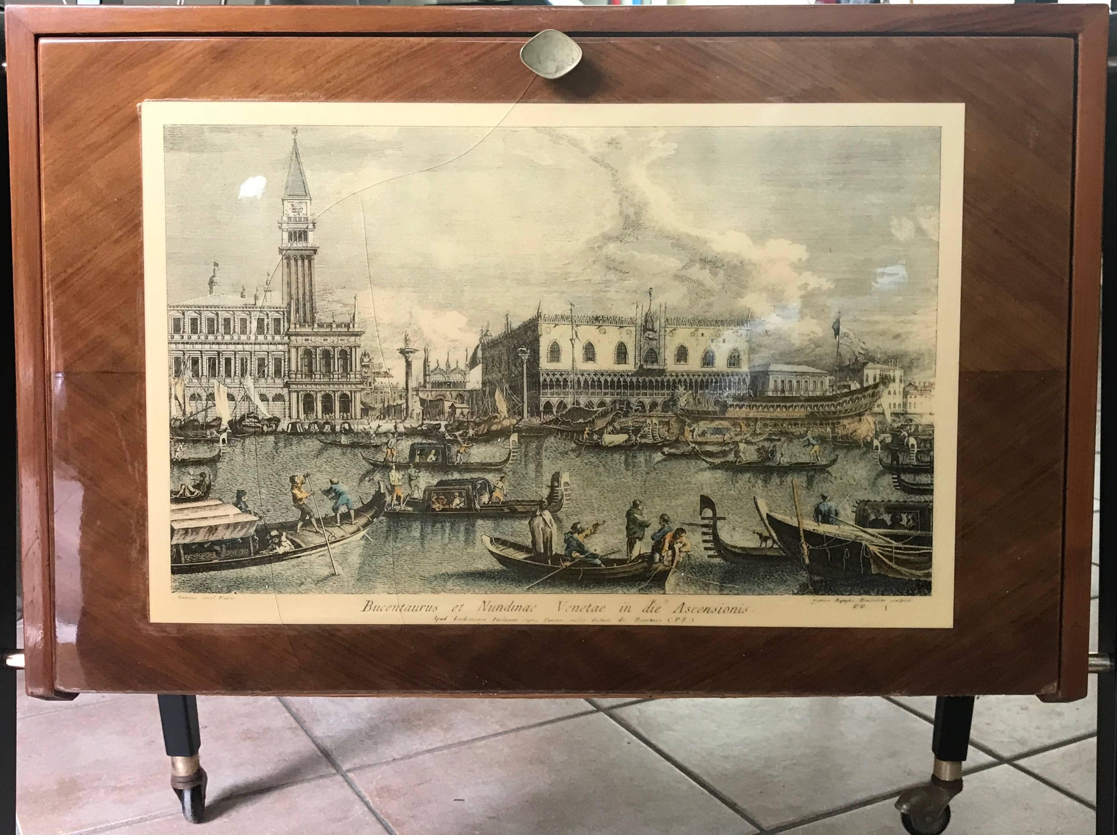 Brass Italian Bar or Cart in Walnut, Venice Print and Light, Italy, 1950s Signed Sarti For Sale