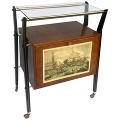 Retro Italian Bar or Cart in Walnut, Venice Print and Light, Italy, 1950s Signed Sarti