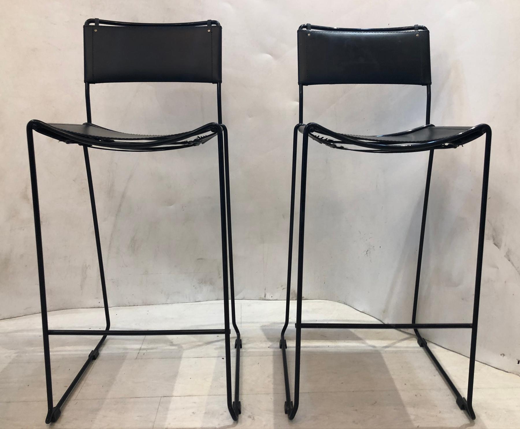 Vintage pair Italian leather with metal frames bar or counter stools. Made in Italy probably 1990s
Very good condition ready to use.