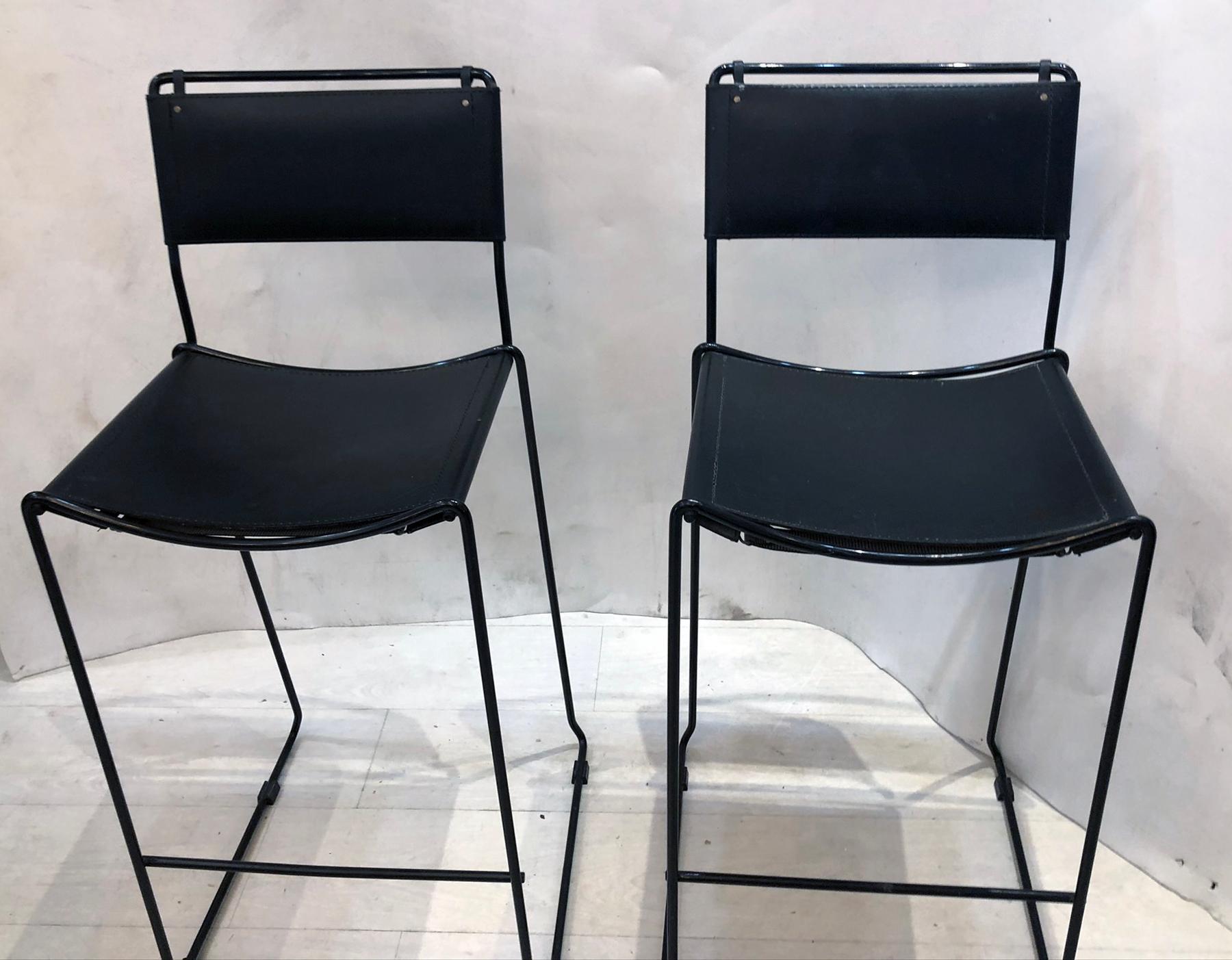 Post-Modern Italian Bar Stools Black Metal With Black Leather Covers