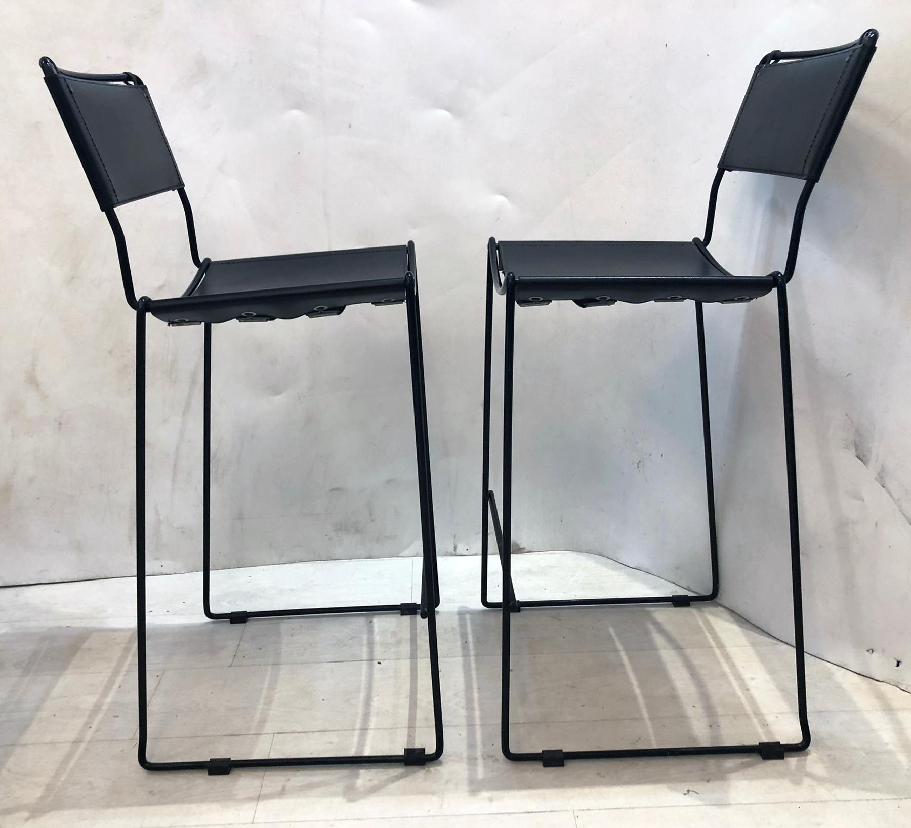 Italian Bar Stools Black Metal With Black Leather Covers 1