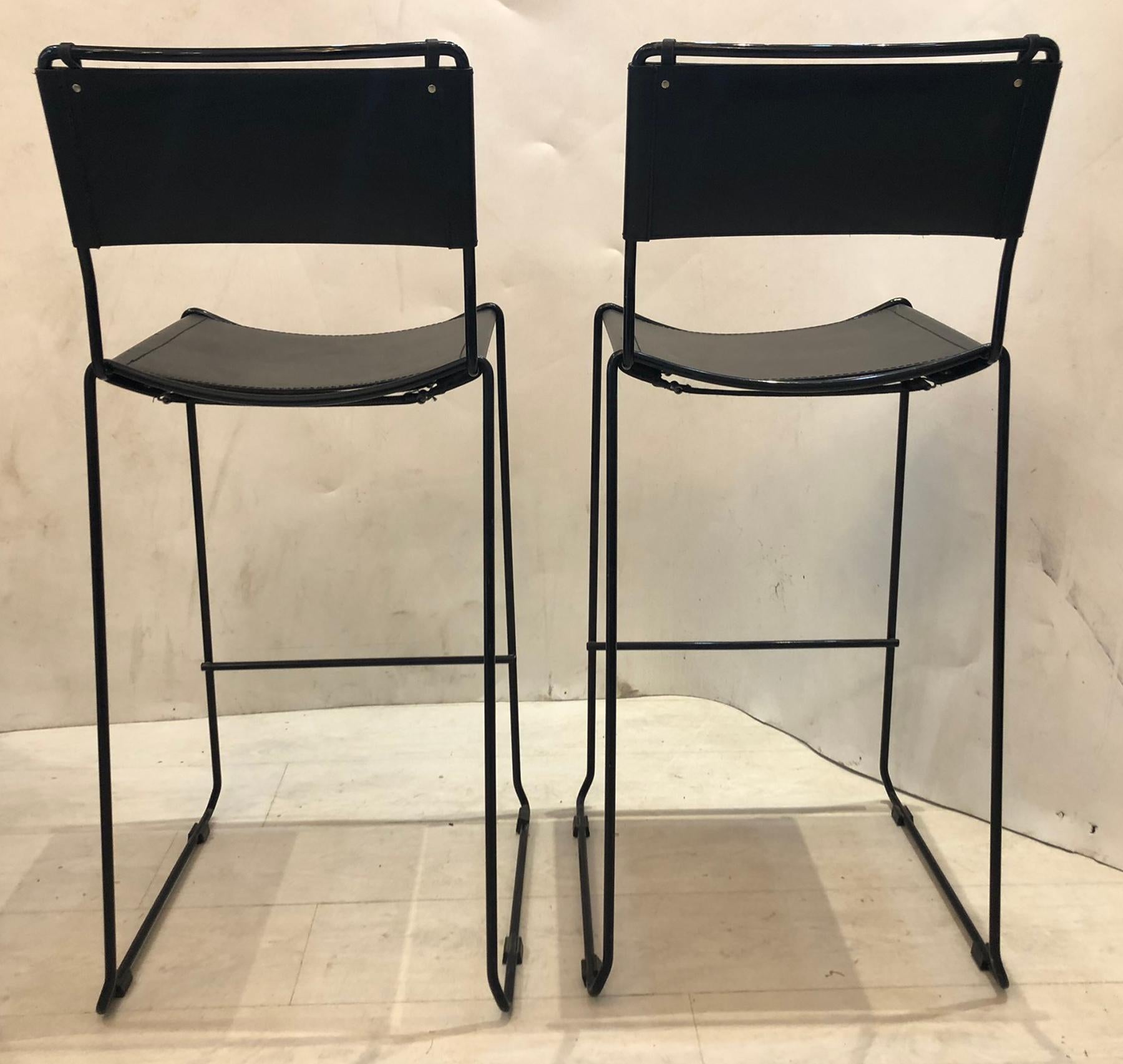 Italian Bar Stools Black Metal With Black Leather Covers 2