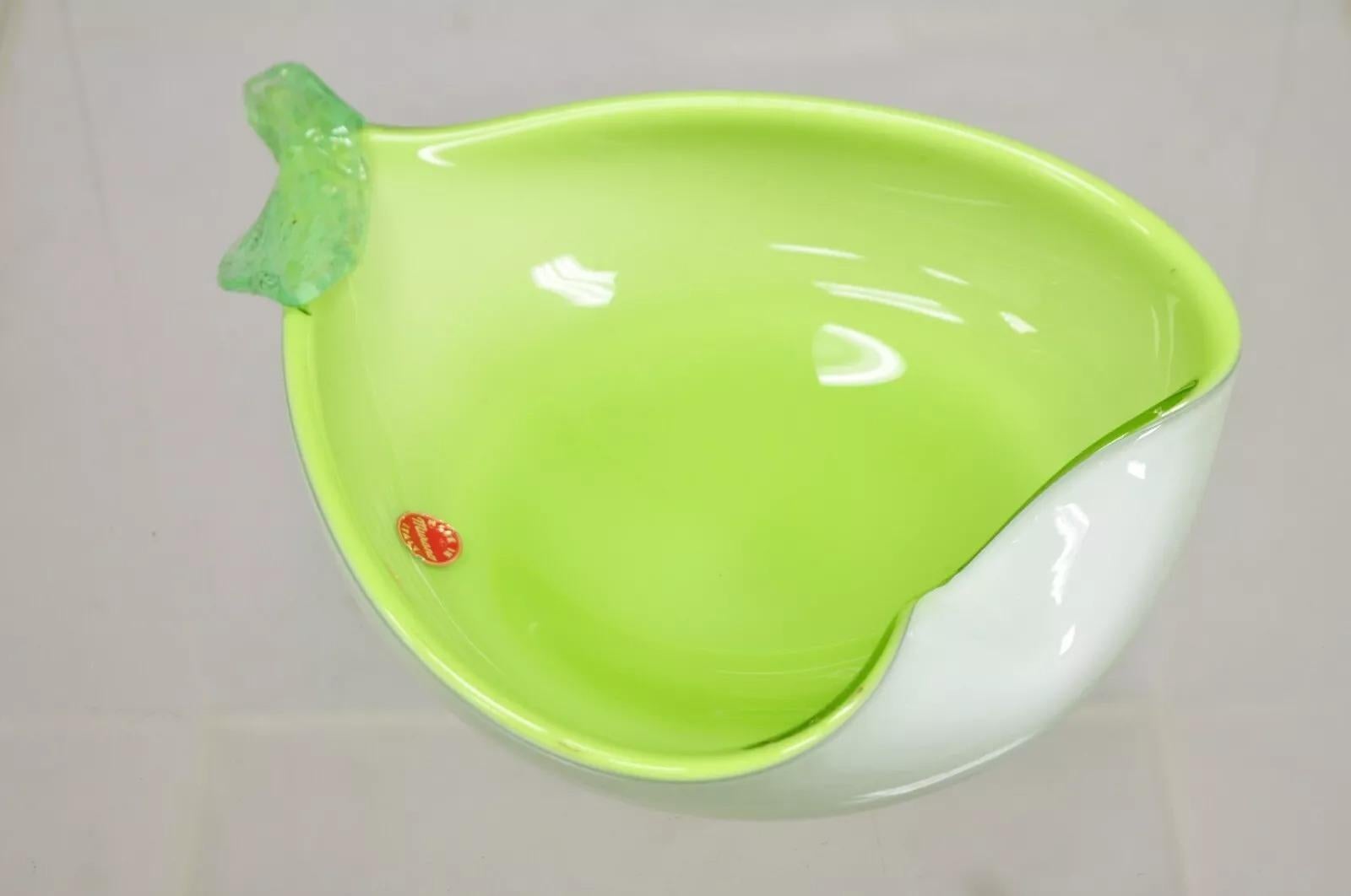 Mid-Century Modern Italian Barbini Murano Art Glass Pear Shaped Green & White Bowl Trinket Dish For Sale