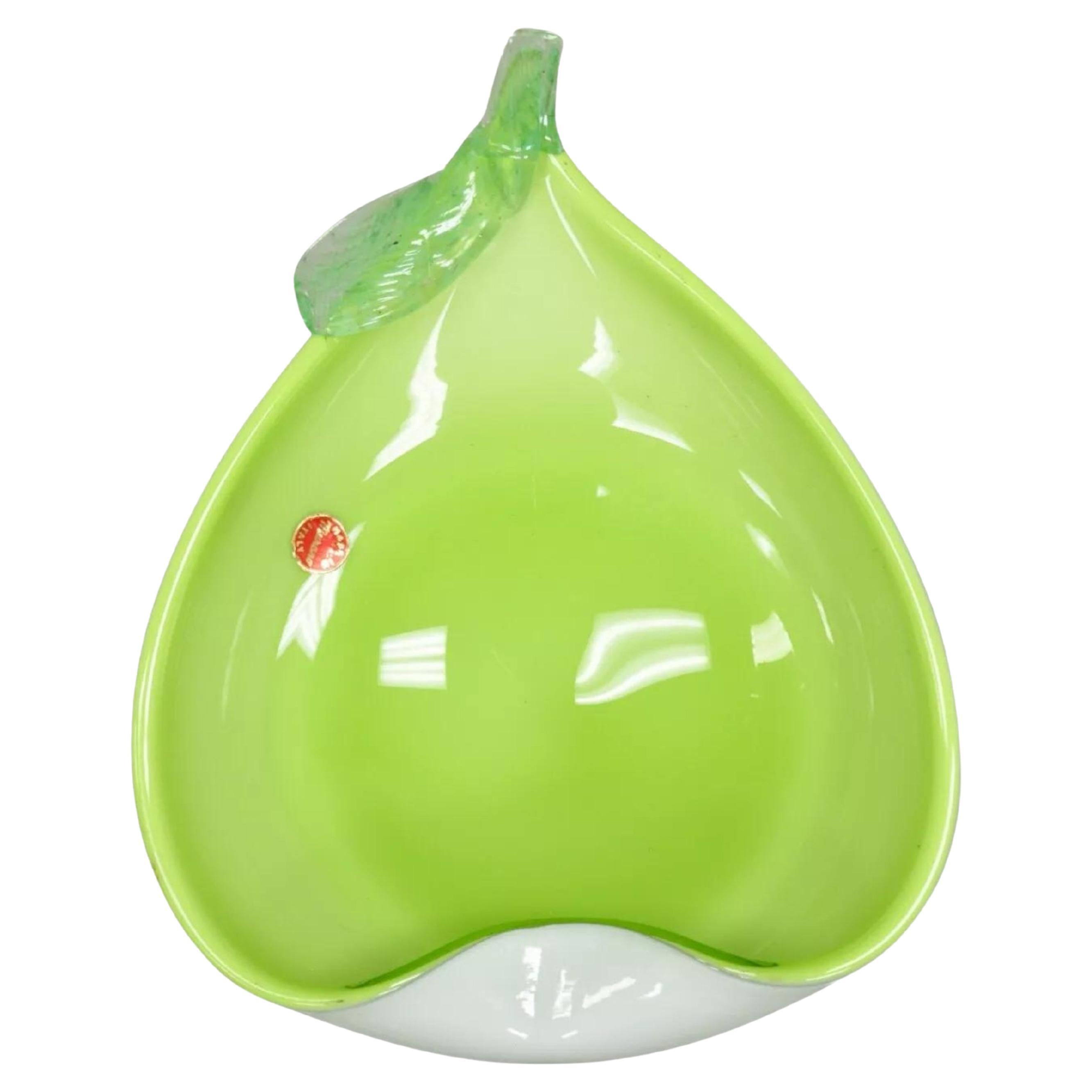 Italian Barbini Murano Art Glass Pear Shaped Green & White Bowl Trinket Dish For Sale