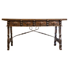 Italian Baroque 17th Century Walnut and Wrought Iron Four-Drawer Refectory Table