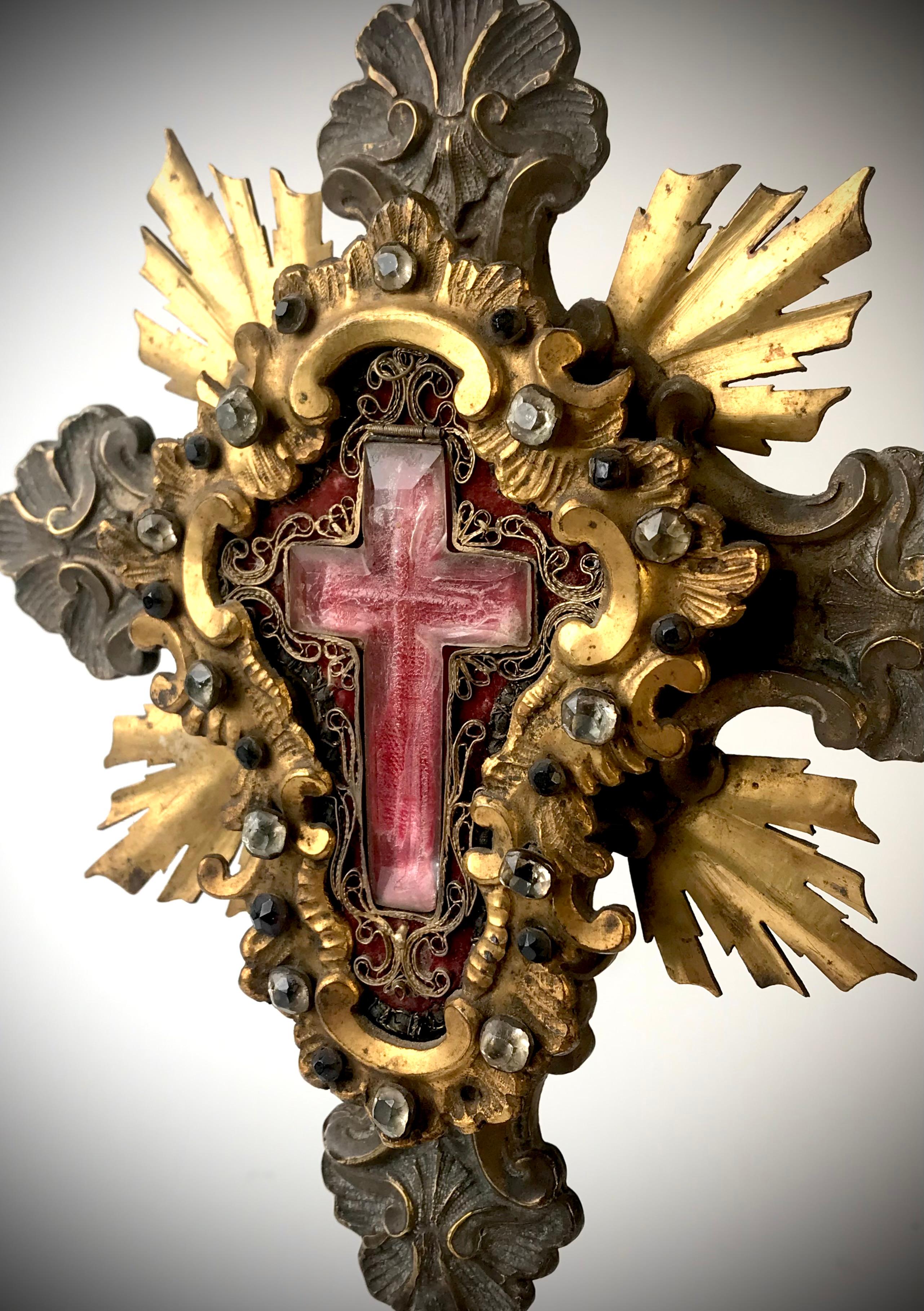 Gold Plate Italian Baroque 18th Century Rock Crystal True Cross Reliquary Relic