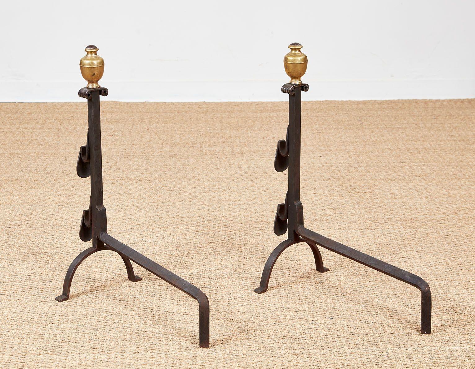 Italian Baroque Brass and Iron Shell Andirons For Sale 7