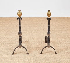 Italian Baroque Brass and Iron Shell Andirons