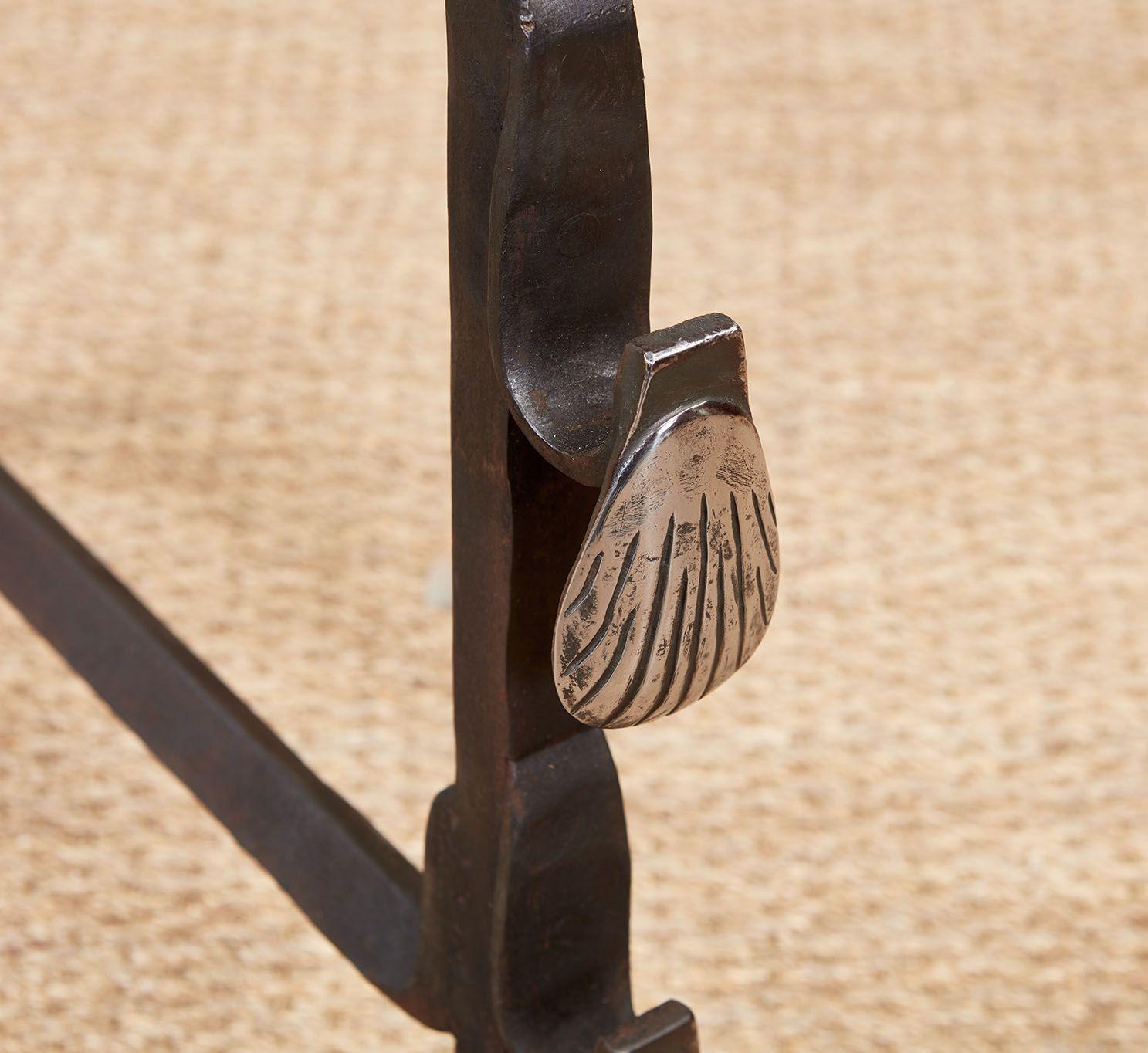 18th Century Italian Baroque Brass and Iron Shell Andirons For Sale