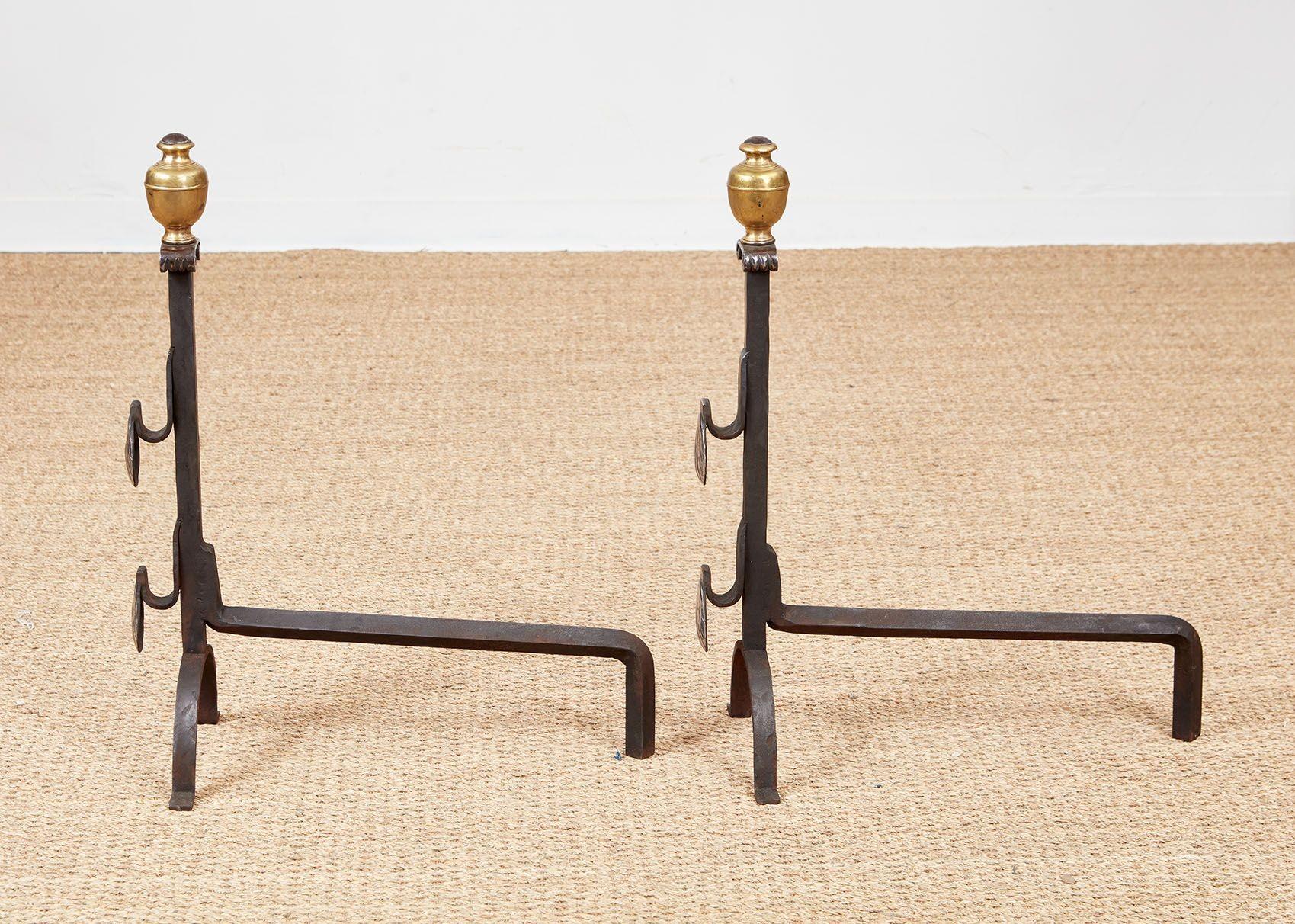 Italian Baroque Brass and Iron Shell Andirons For Sale 2