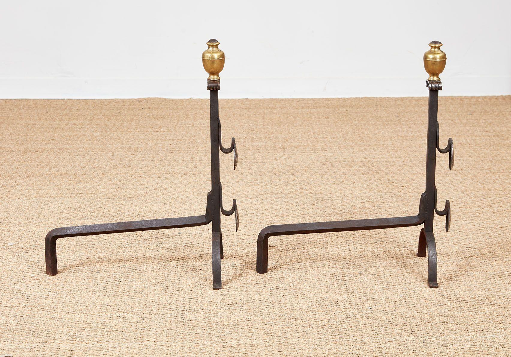 Italian Baroque Brass and Iron Shell Andirons For Sale 3