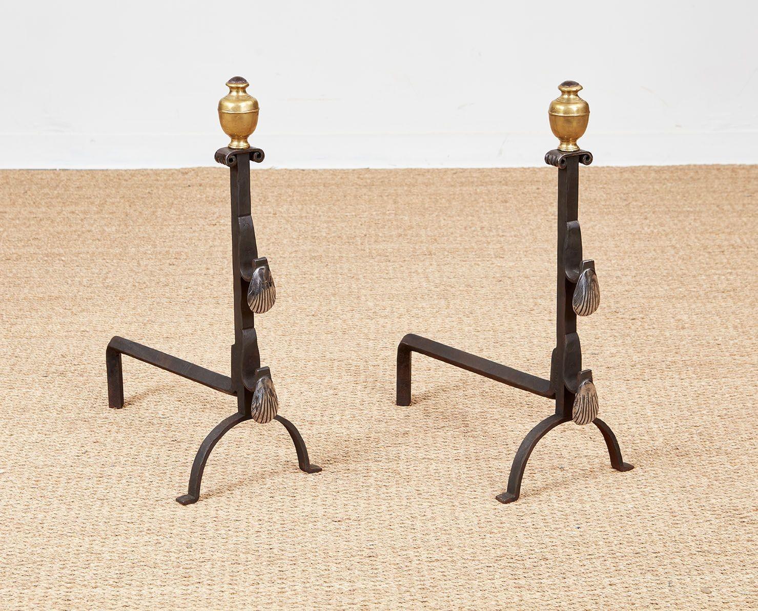 Italian Baroque Brass and Iron Shell Andirons For Sale 4