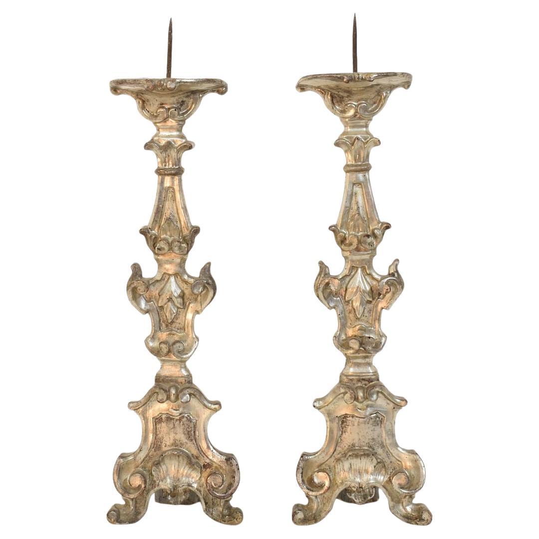 Italian Baroque Candlesticks, Carved Wood with Silver Leaf, Circa 1750-1800
