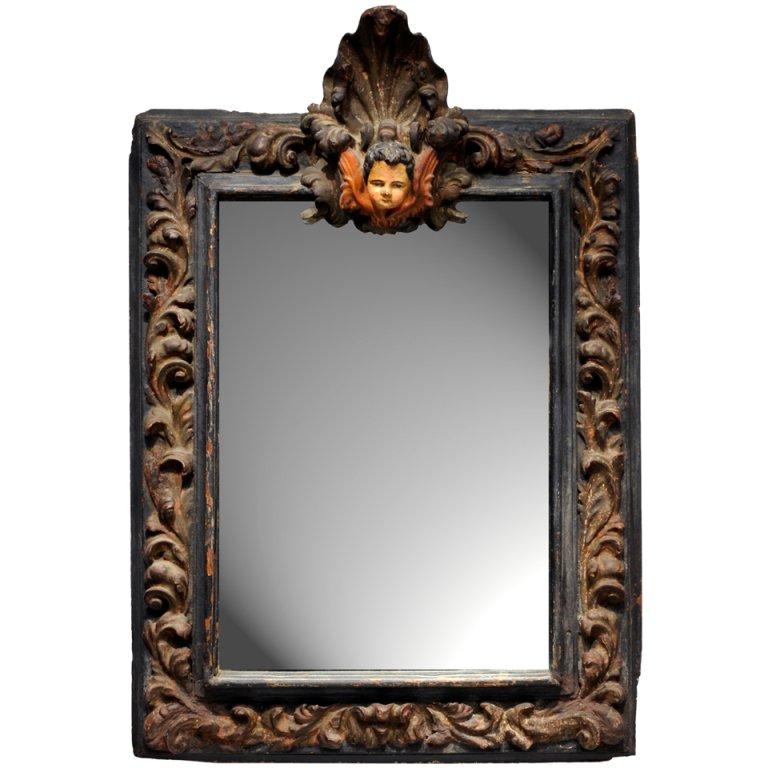 Italian Baroque Carved Mirror Surmounted with Cherub Face